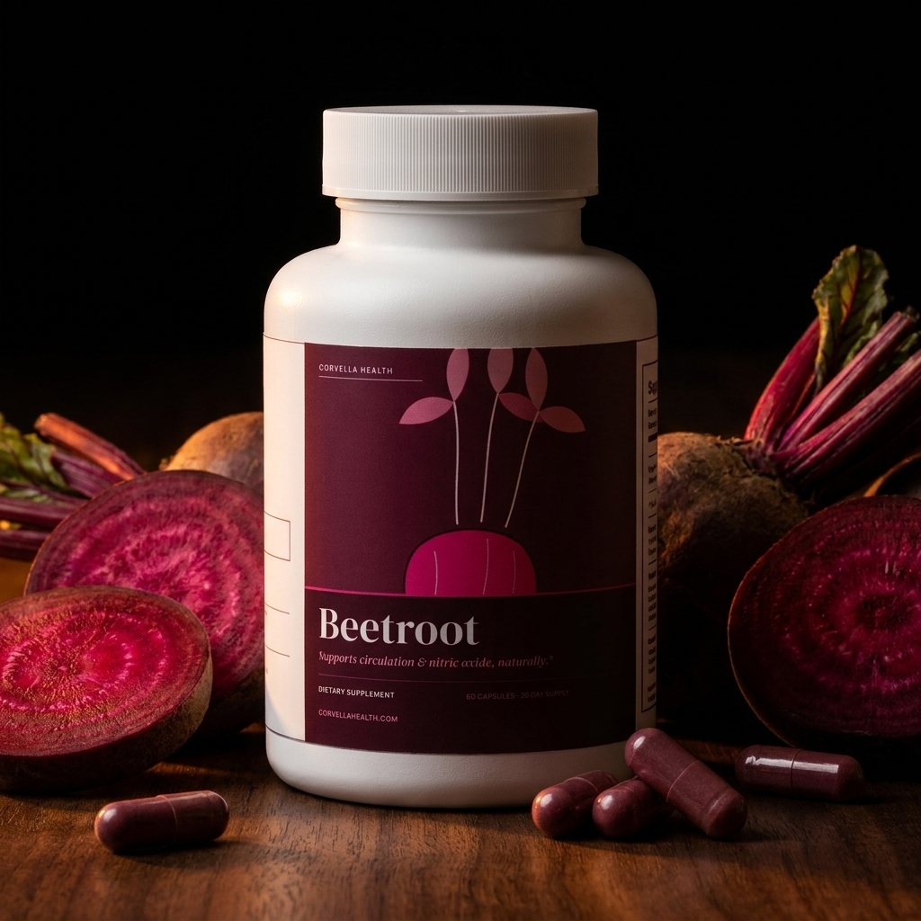 Corvella Beetroot — dark walnut editorial with sliced beetroots