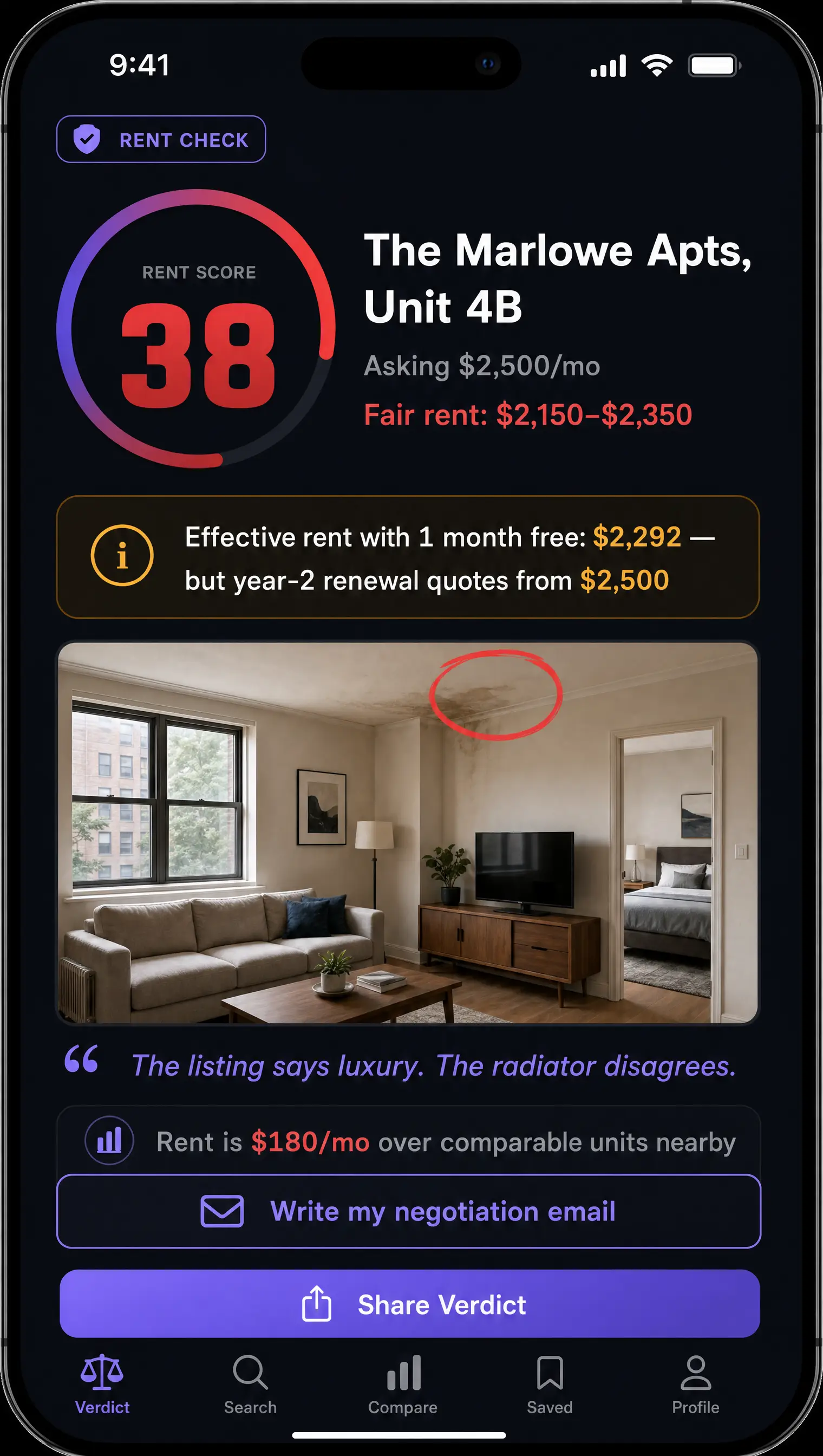 Rent Check showing a rent score and negotiation help