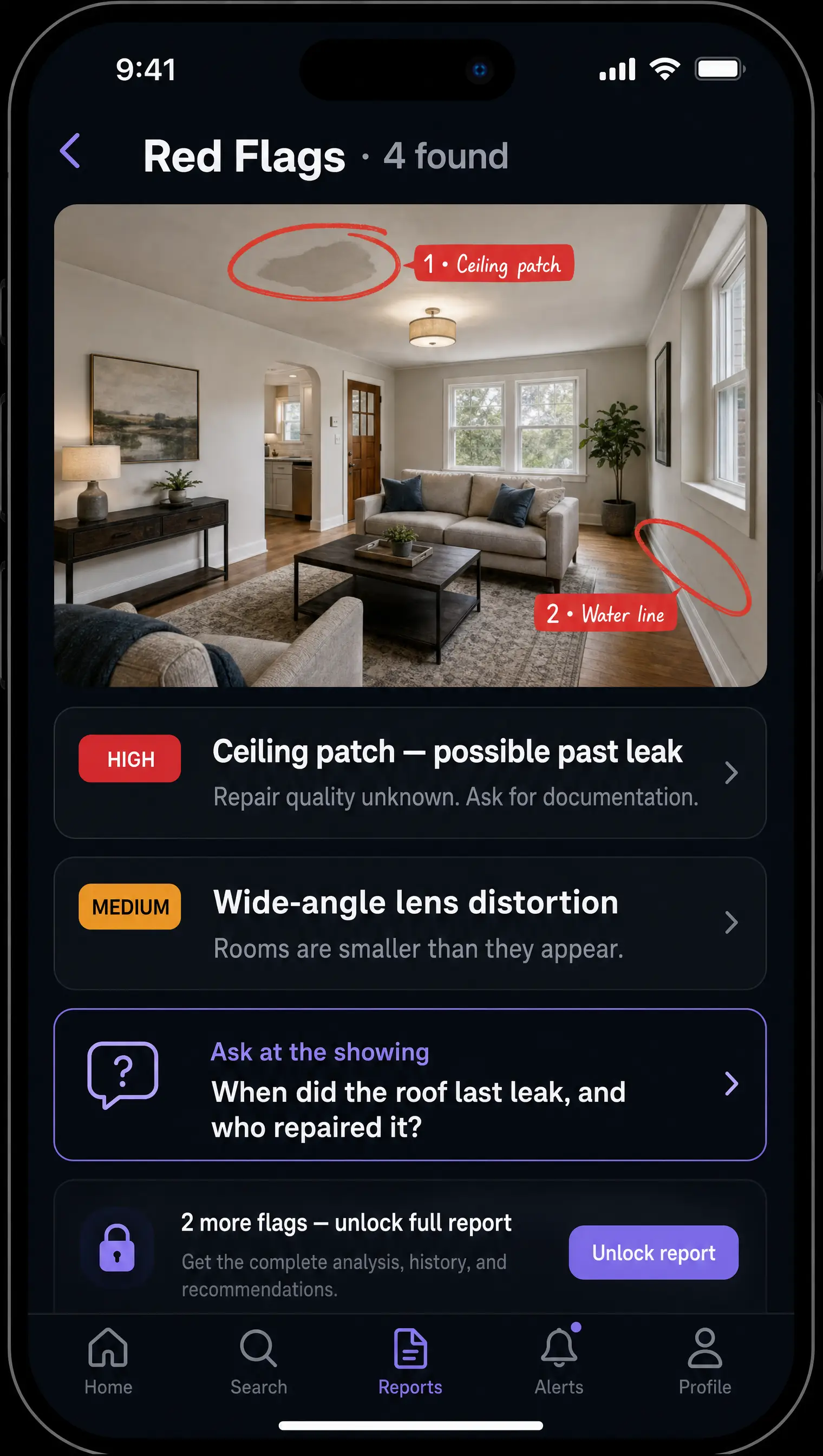 Listing photo annotated with red flags