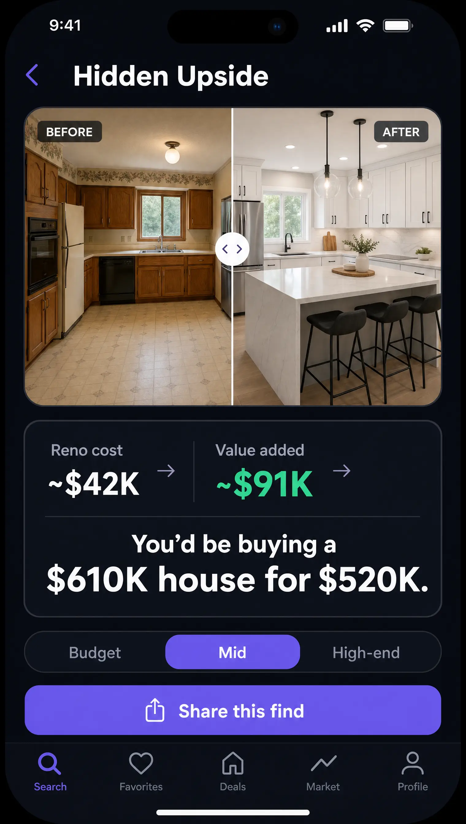 Before and after kitchen renovation with ROI math