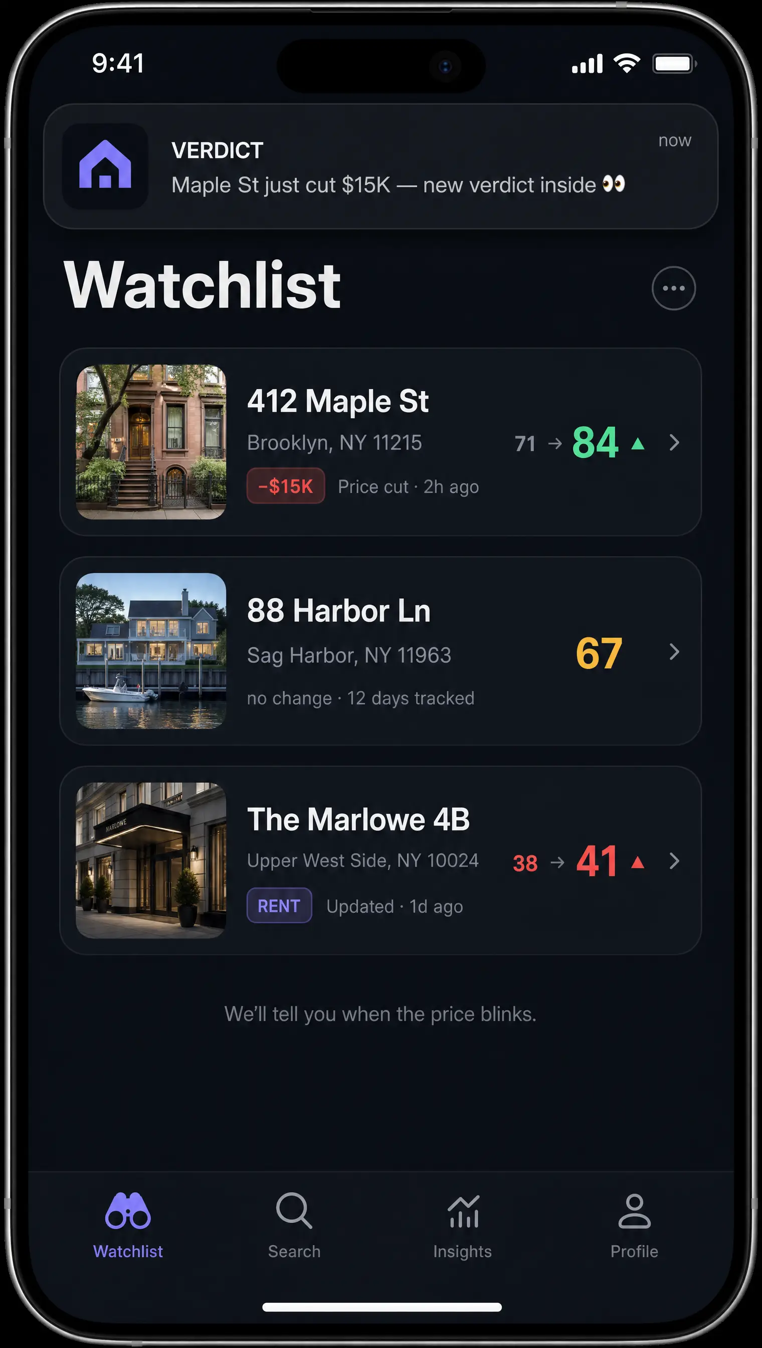 Watchlist with a price cut notification