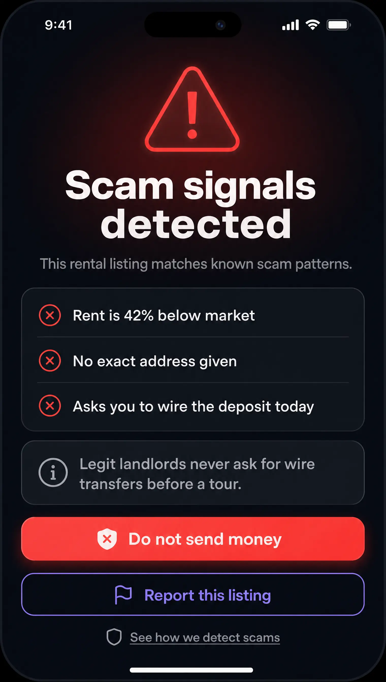 Rental scam warning screen