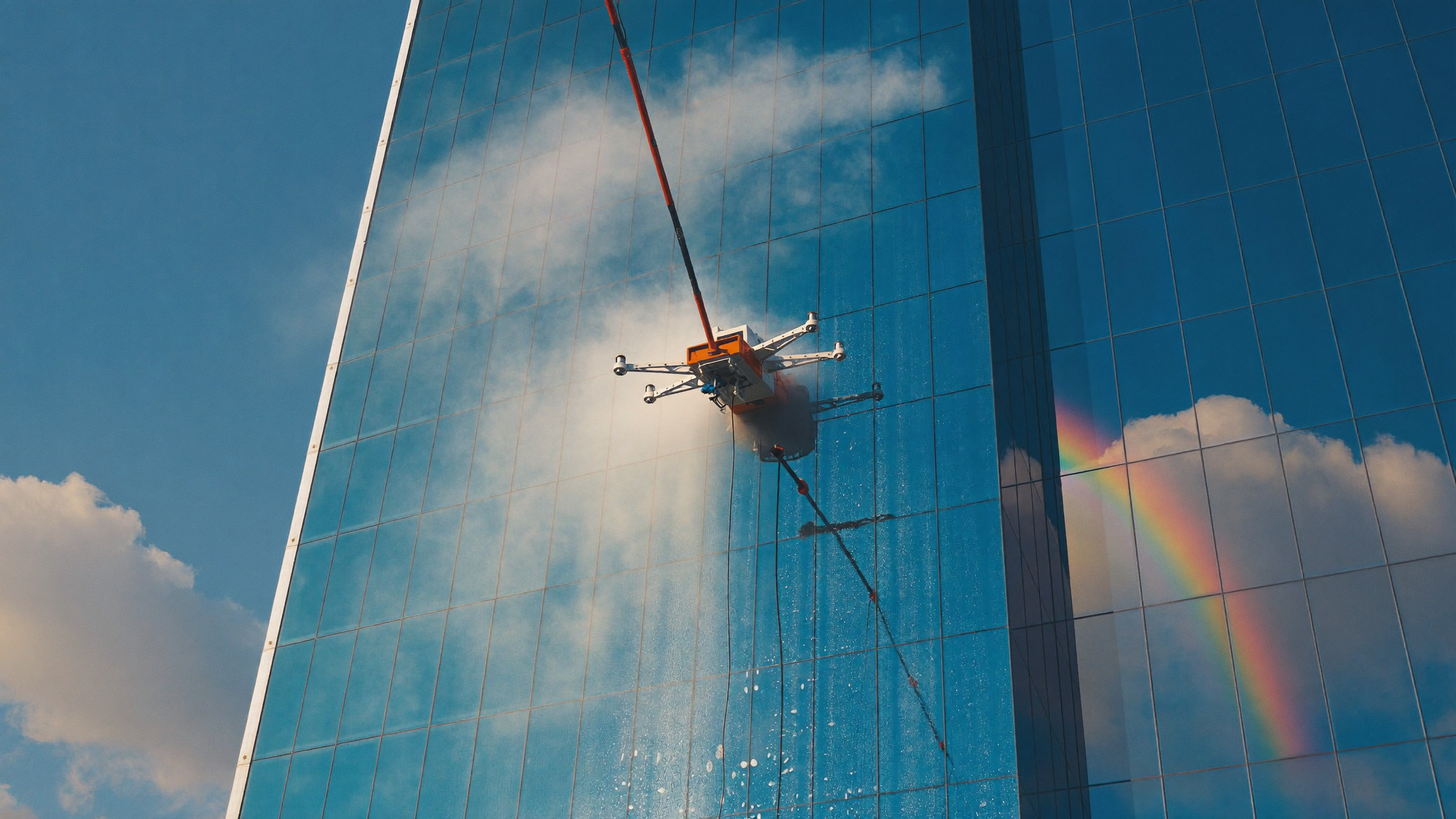 Cleaning drone climbing a glass tower