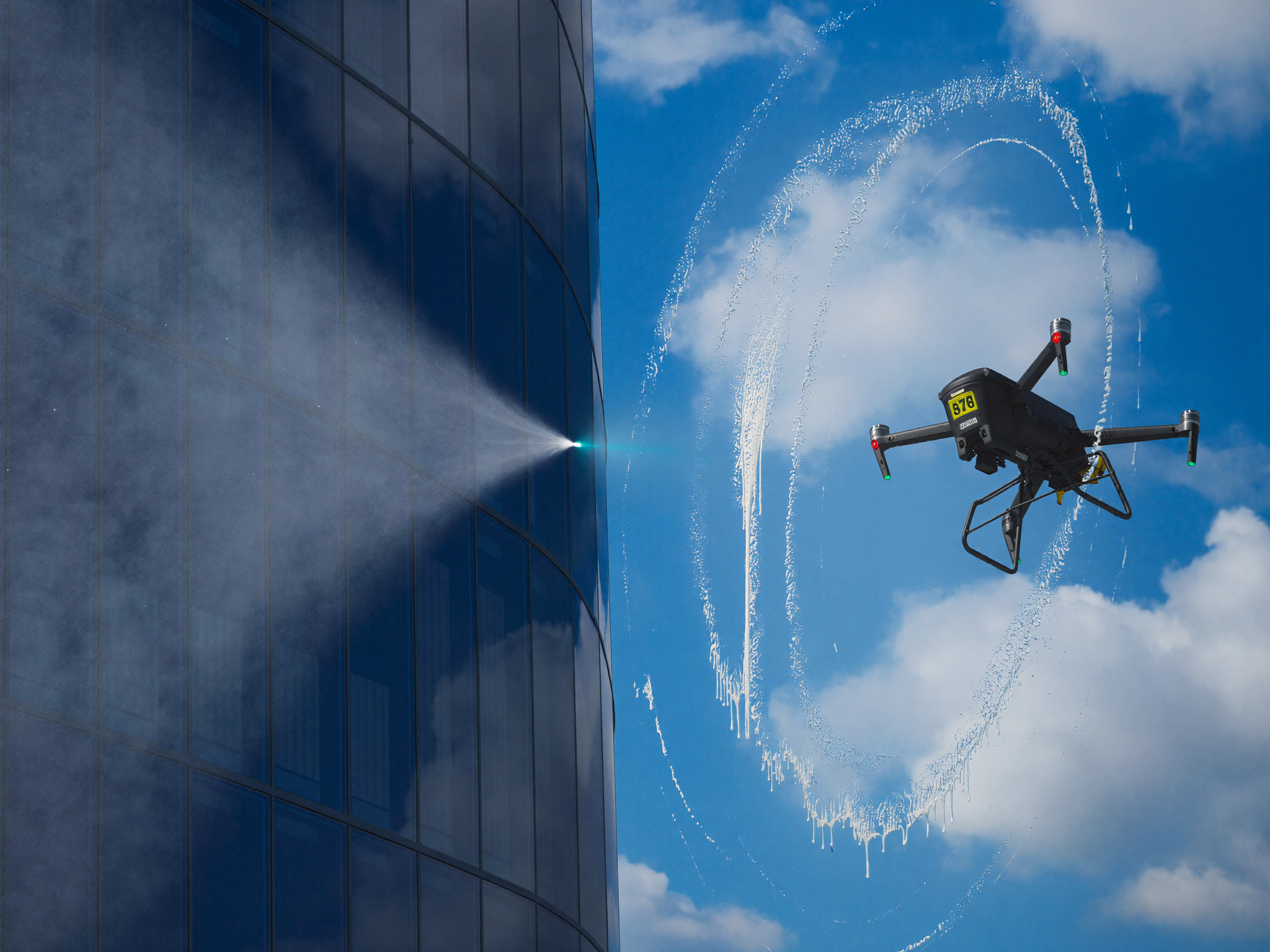 Drone exterior cleaning: Window pass, purified-water sheeting