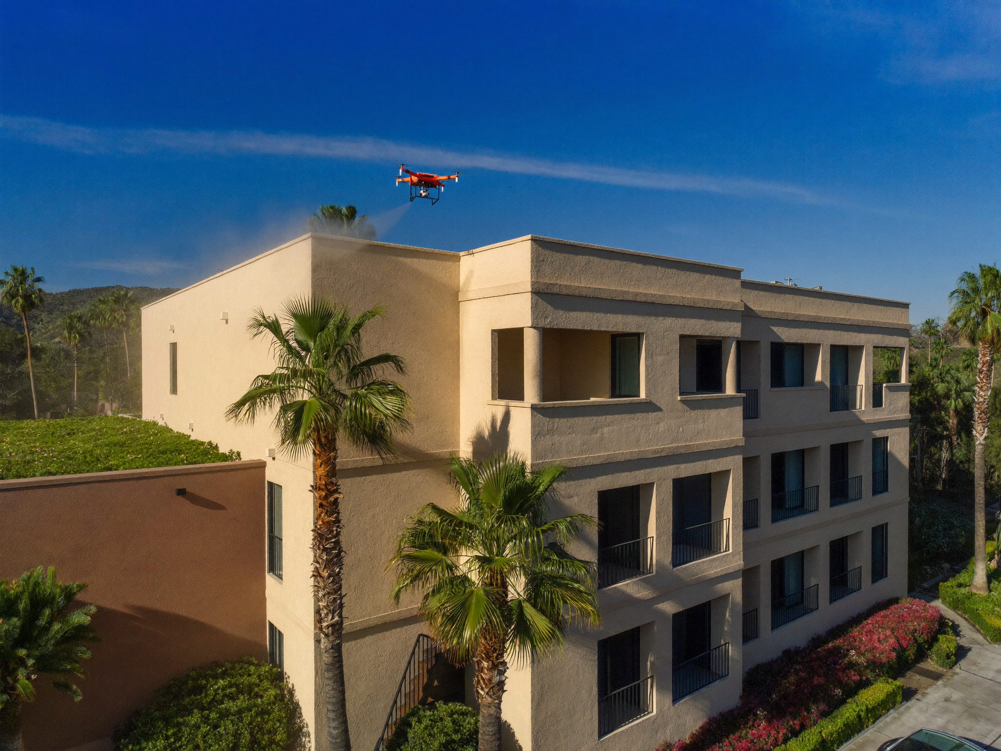 Drone exterior cleaning: Stucco facade, low-pressure soft wash