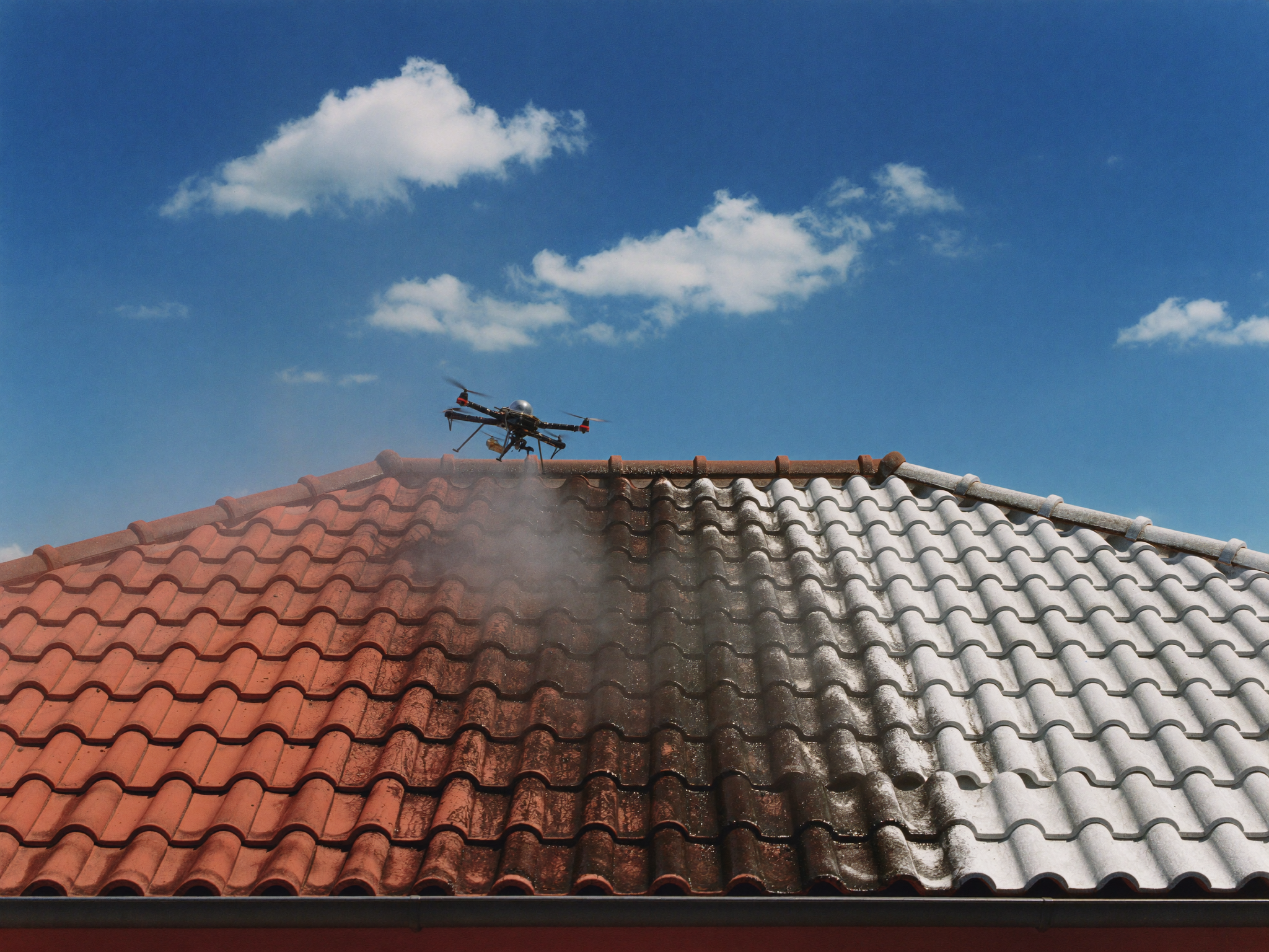 Drone exterior cleaning: Tile roof, algae lift mid-clean