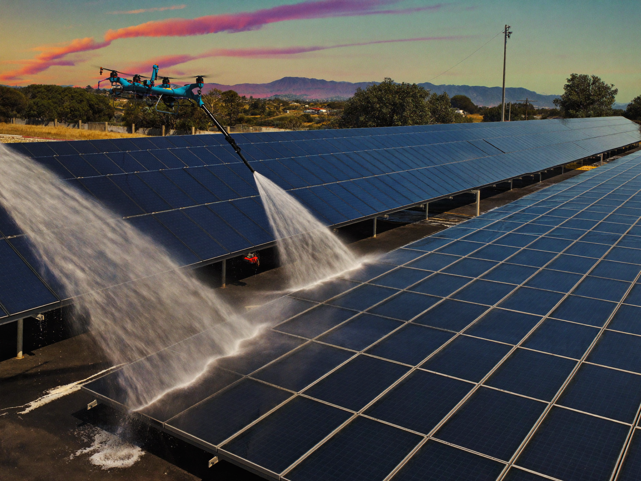 Drone exterior cleaning: Rooftop solar array, output-recovery rinse