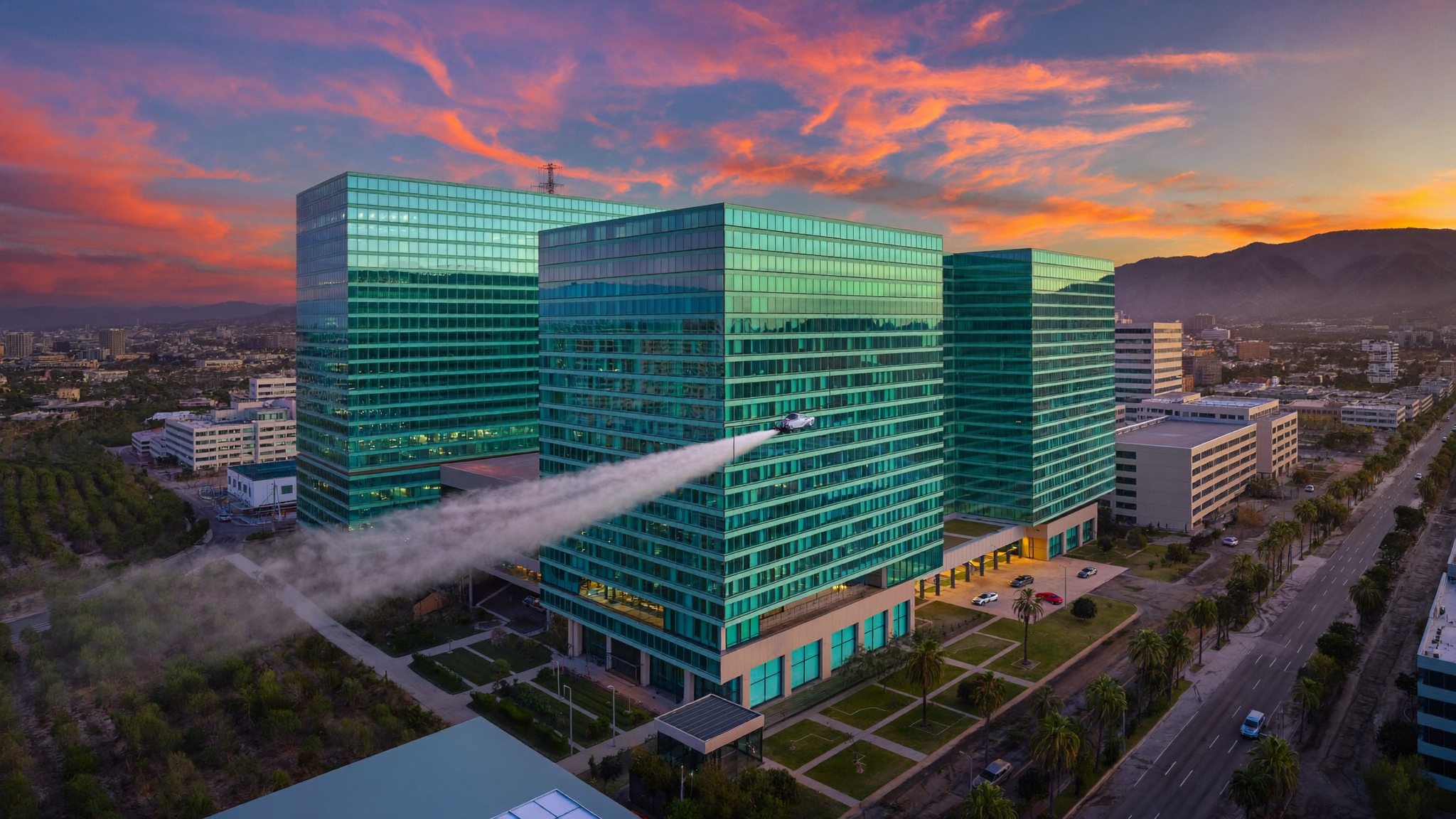 Cleaning drone rinsing a rooftop solar array at golden hour
