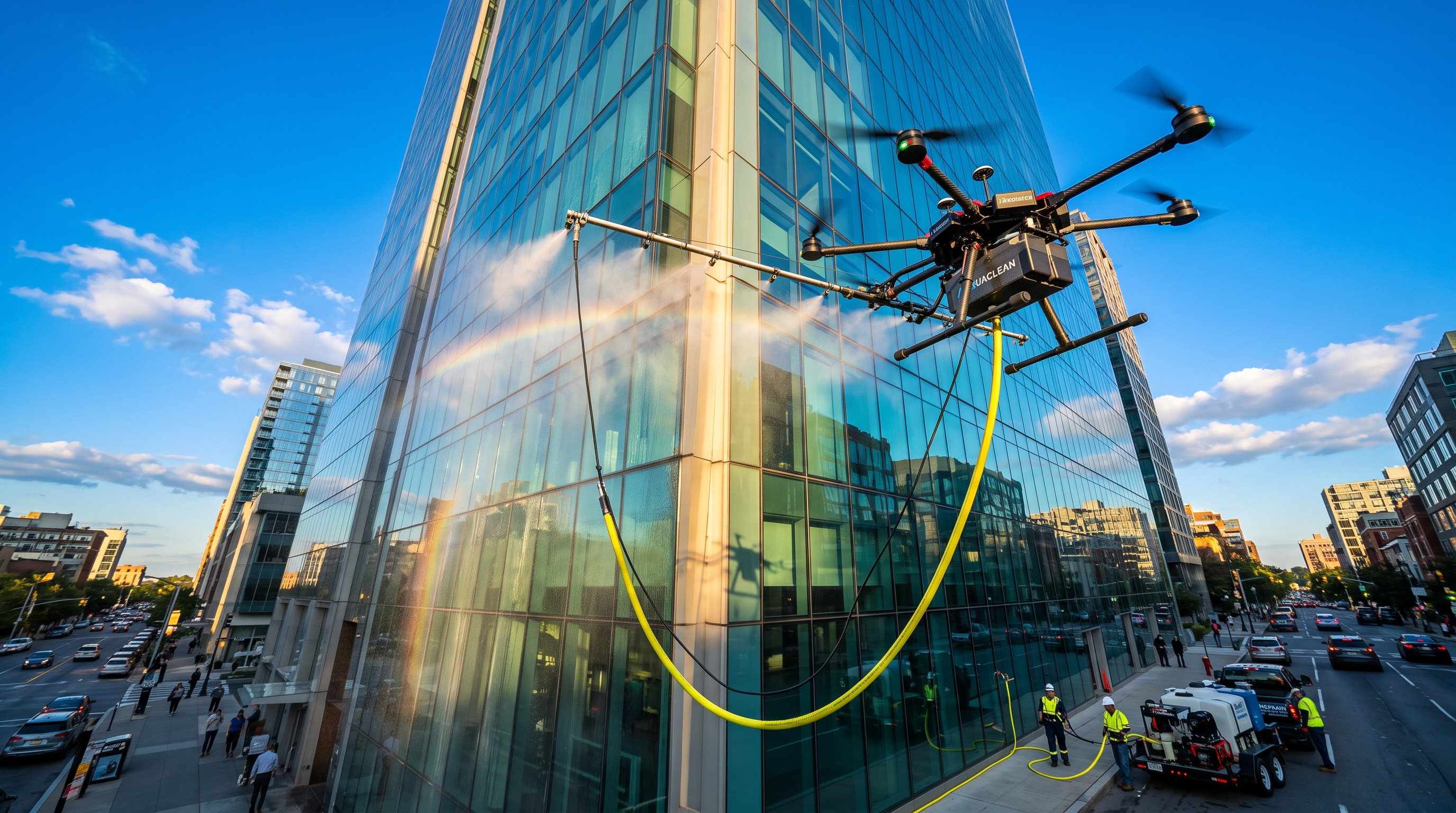 Cleaning drone climbing a glass tower