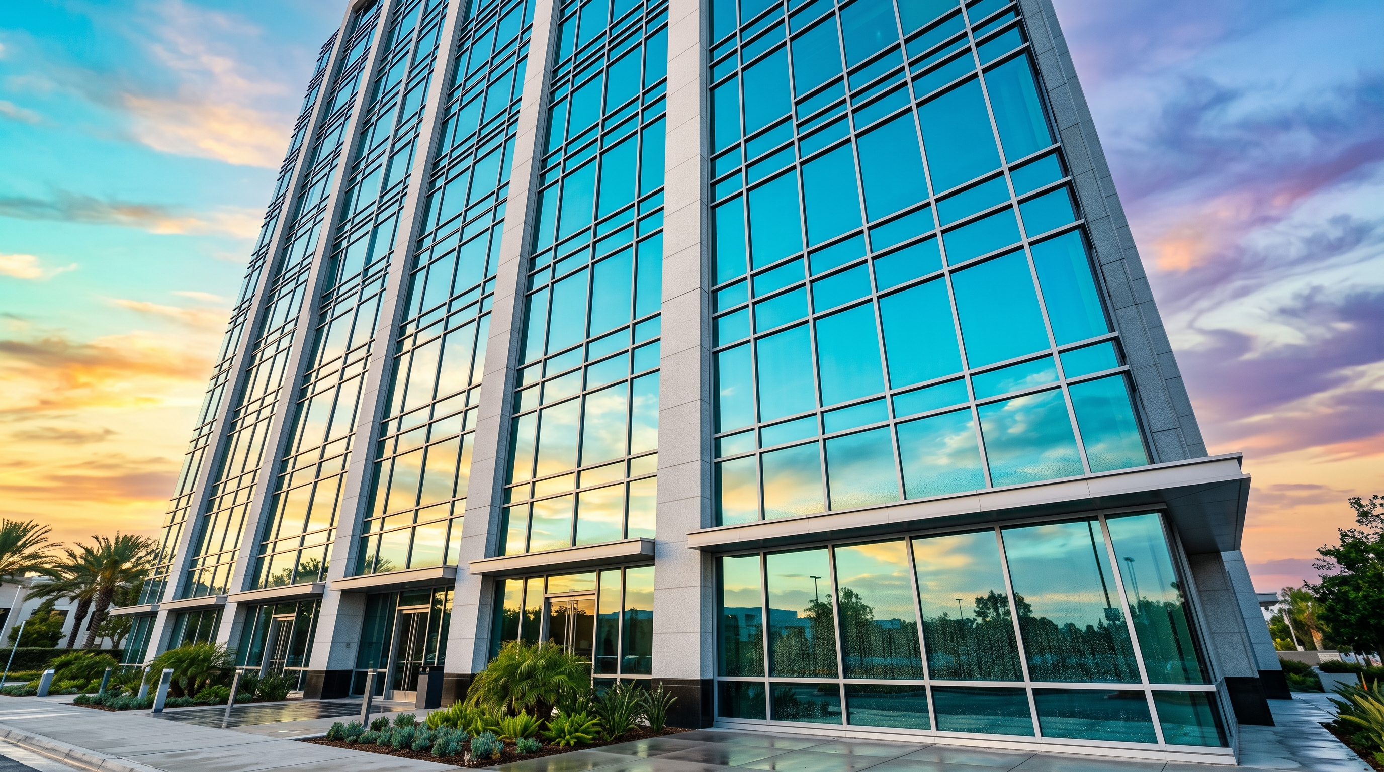 The same office tower facade spotless with bright, streak-free glass after drone cleaning