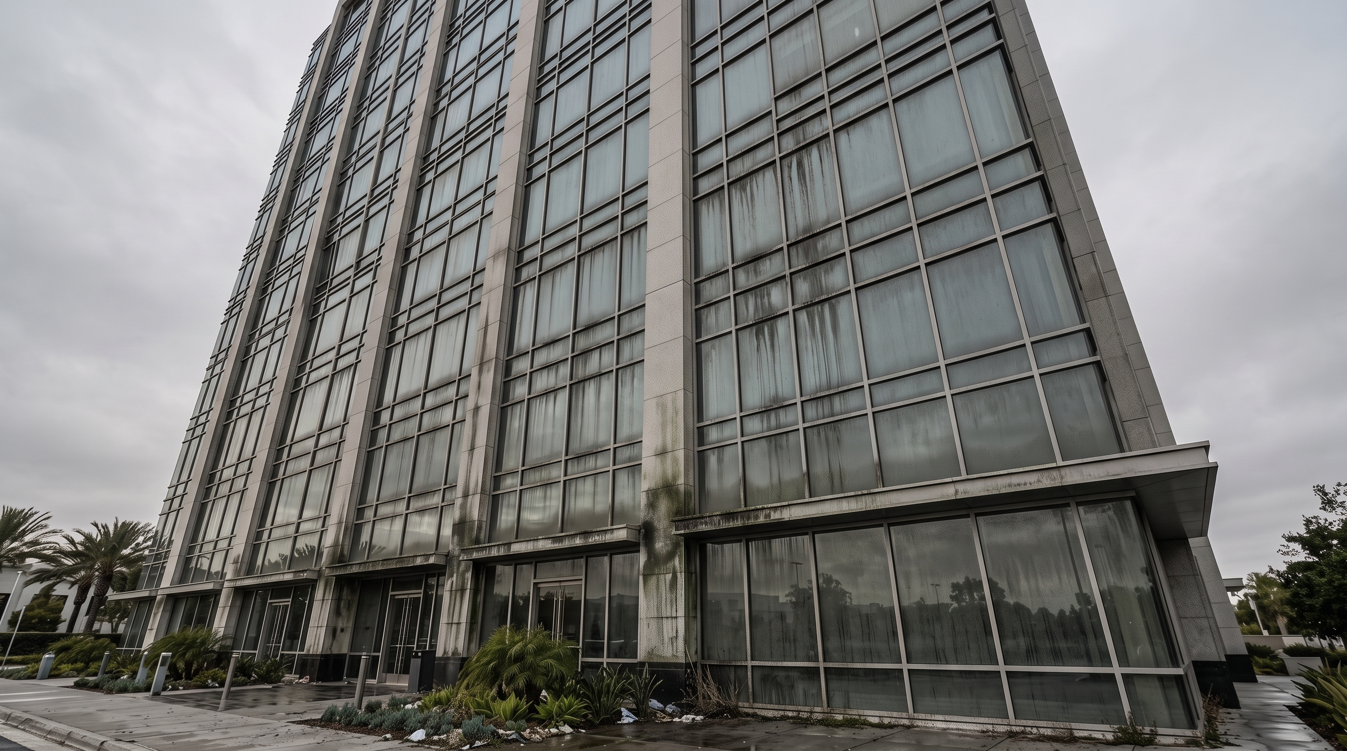 Commercial office tower facade dulled by grime, pollution streaks, and dusty glass before cleaning