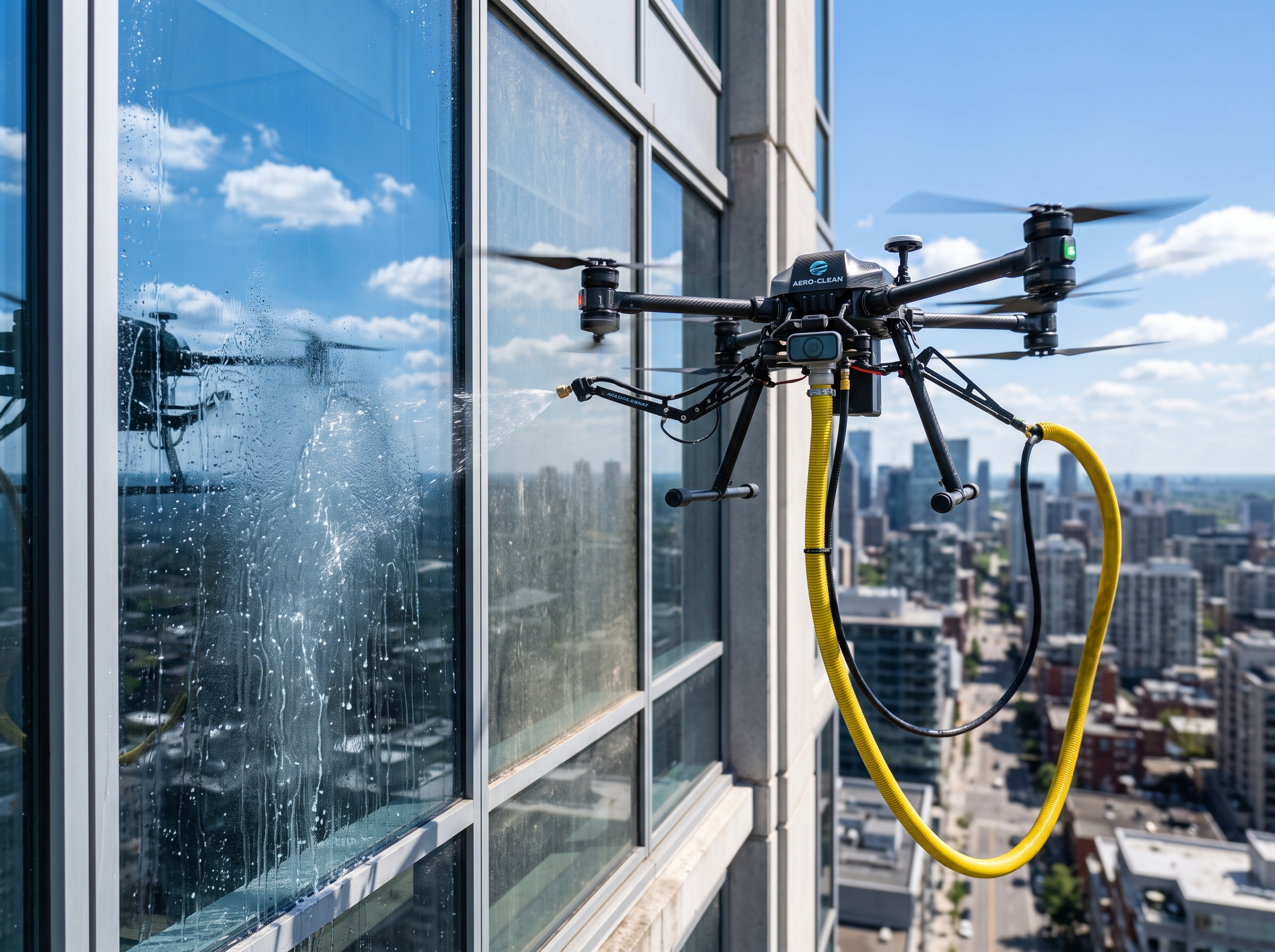 Tethered cleaning drone washing commercial windows