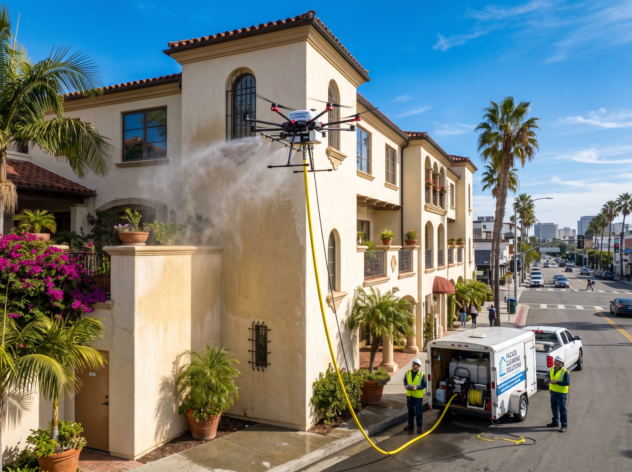 Drone performing exterior cleaning on a commercial facade