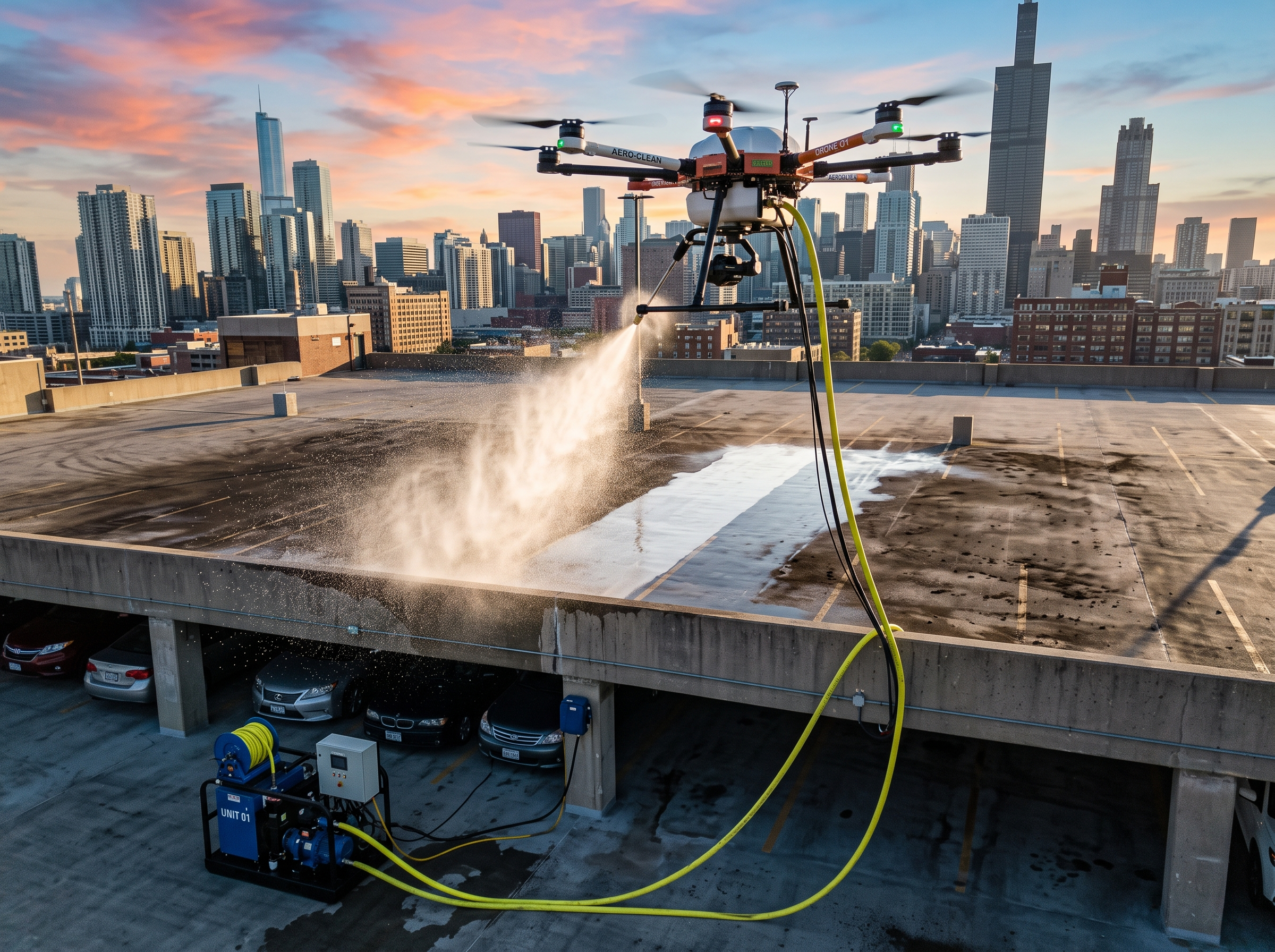 Drone exterior cleaning: Parking deck, mid-pass: clean stripe against untouched grime
