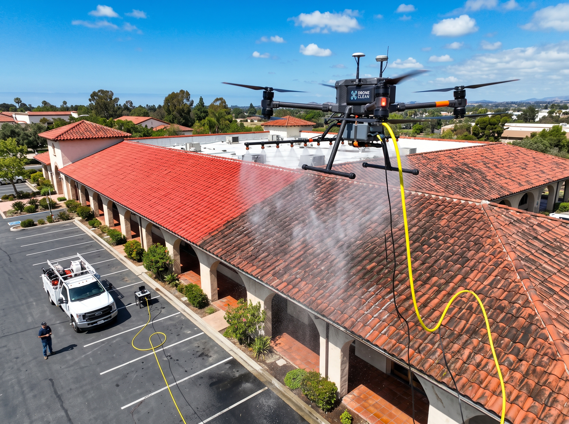Drone exterior cleaning: Tile roof, algae lift mid-clean