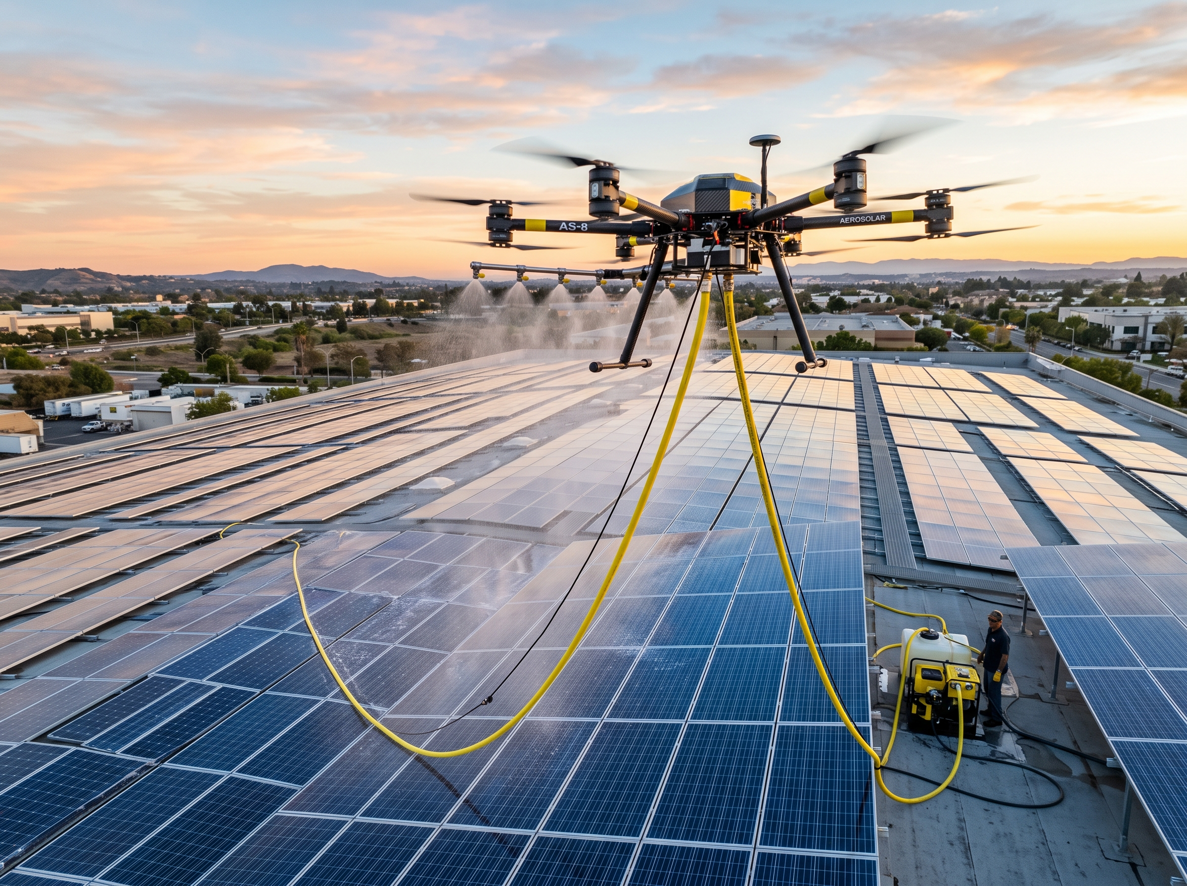Drone exterior cleaning: Rooftop solar array, output-recovery rinse