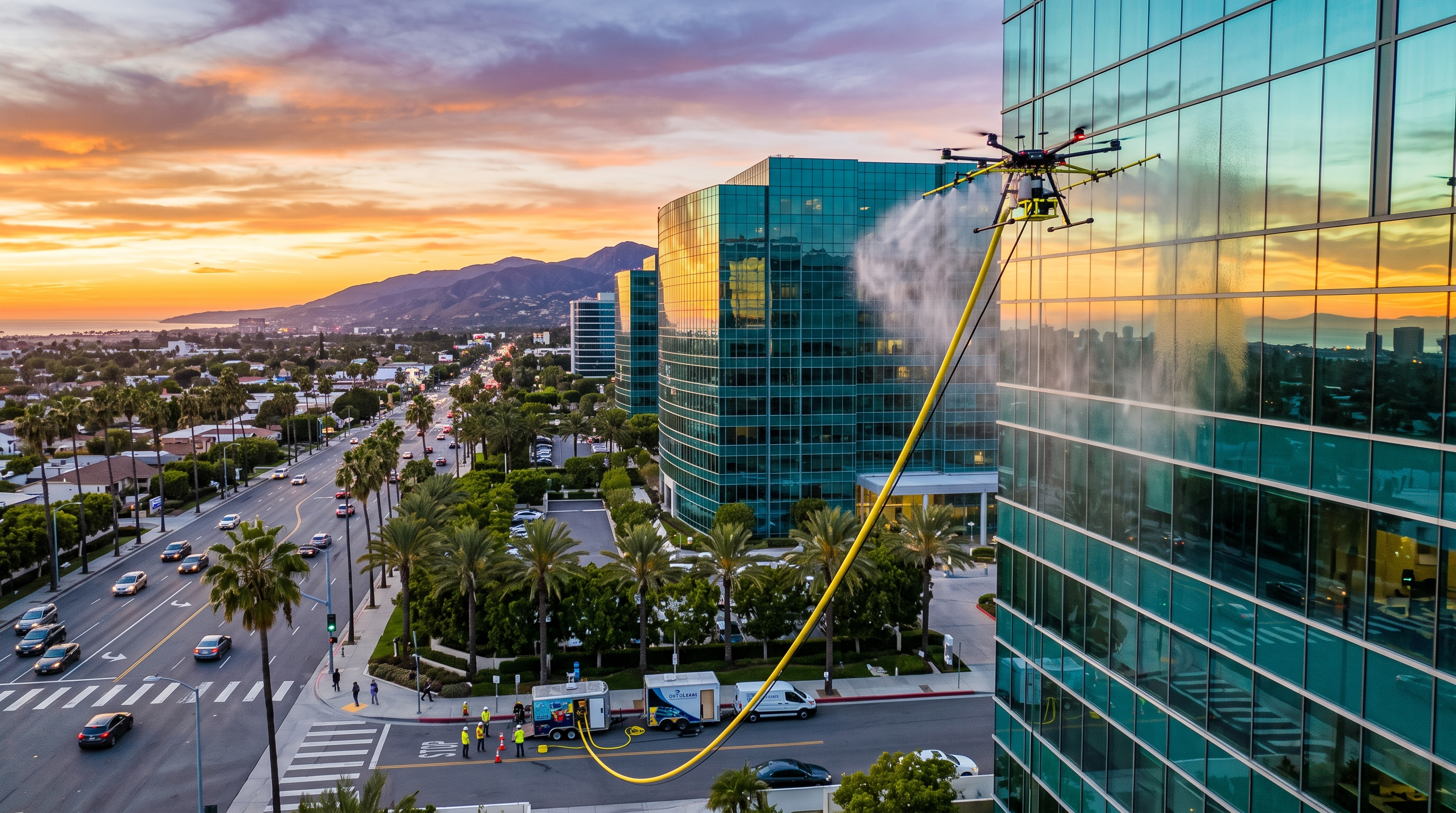 Drone cleaning the exterior of an Orange County commercial building