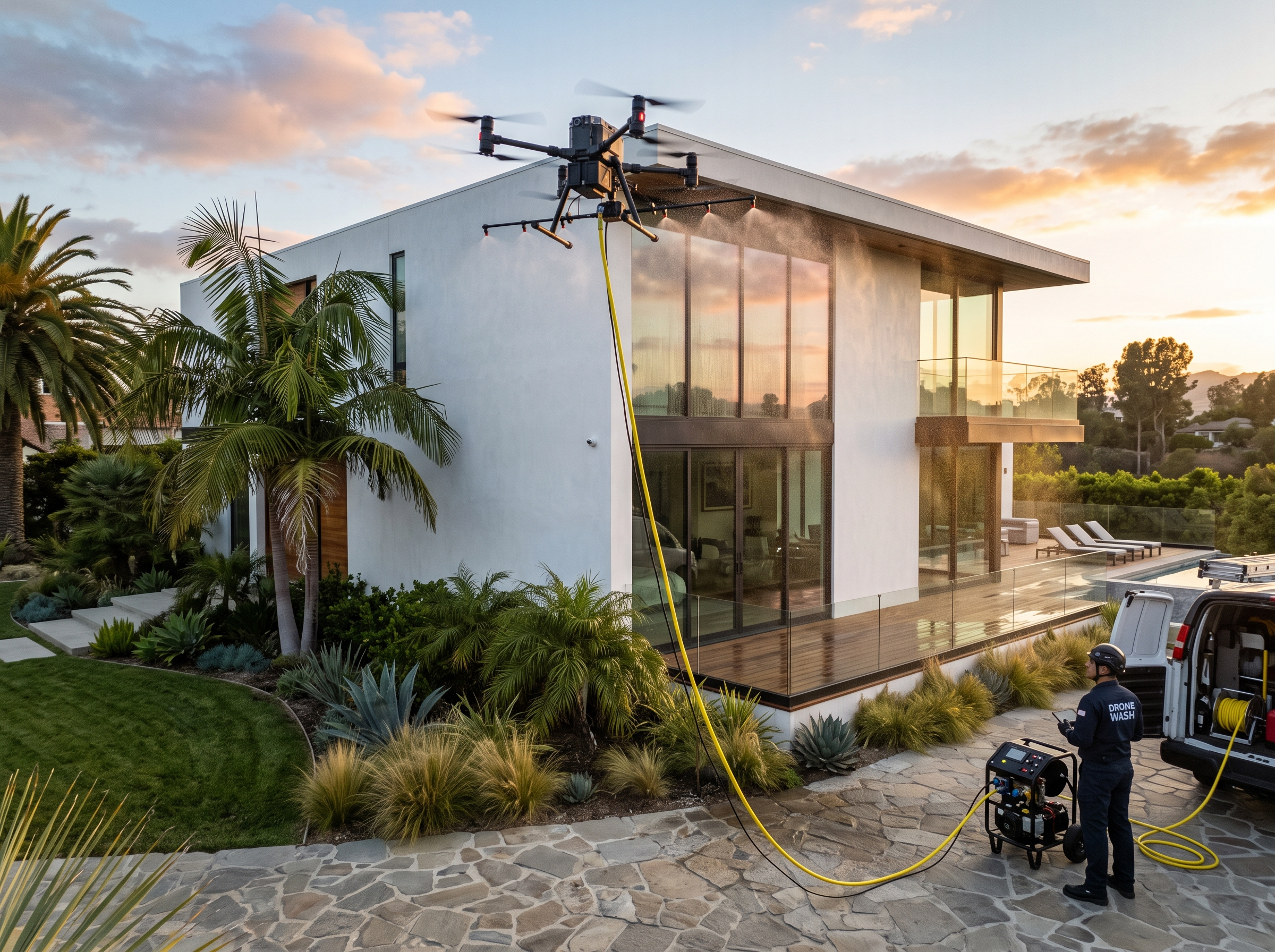 A tethered cleaning drone soft-washing a modern California home, its water hose and power cable running down to a technician on the driveway