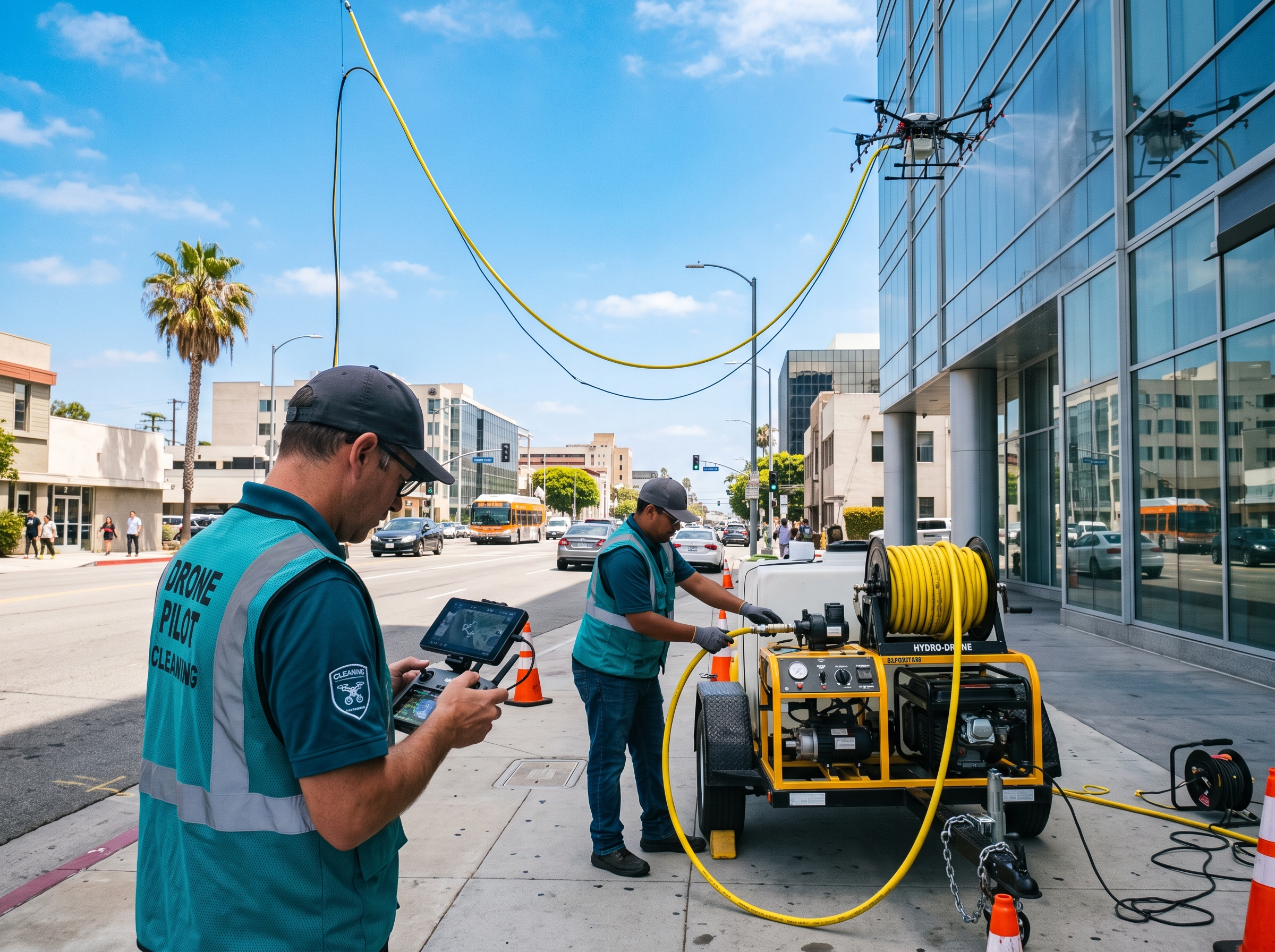 Humming Co. pilot and ground technician operating a cleaning drone from the sidewalk while it works a glass facade above