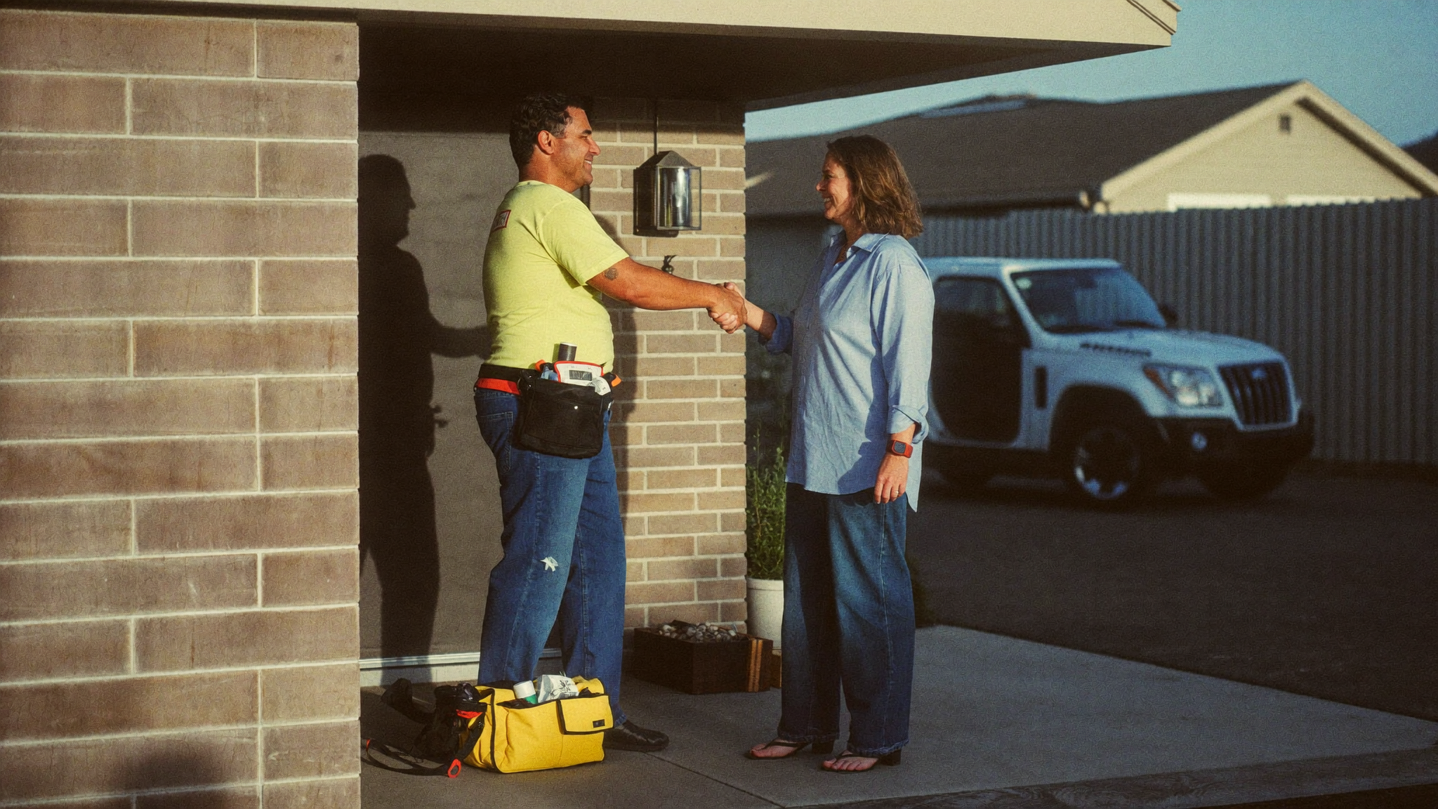 A tradesperson and a homeowner shaking hands at the door of a suburban Australian home after a completed job