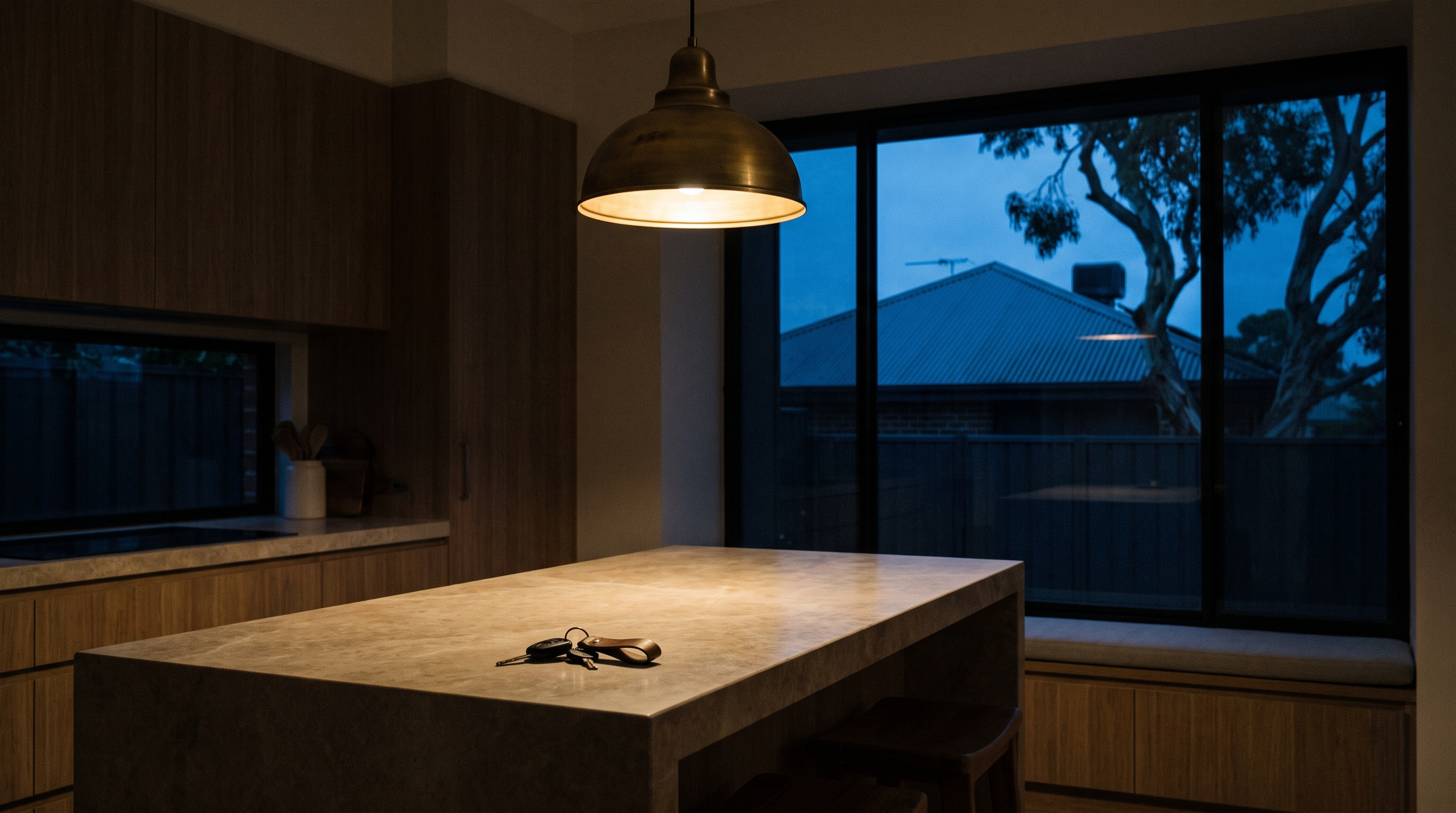 A dark Australian kitchen at night, a single pendant light over a bare stone island with only a set of car keys, a gum tree and rooftop beyond the window