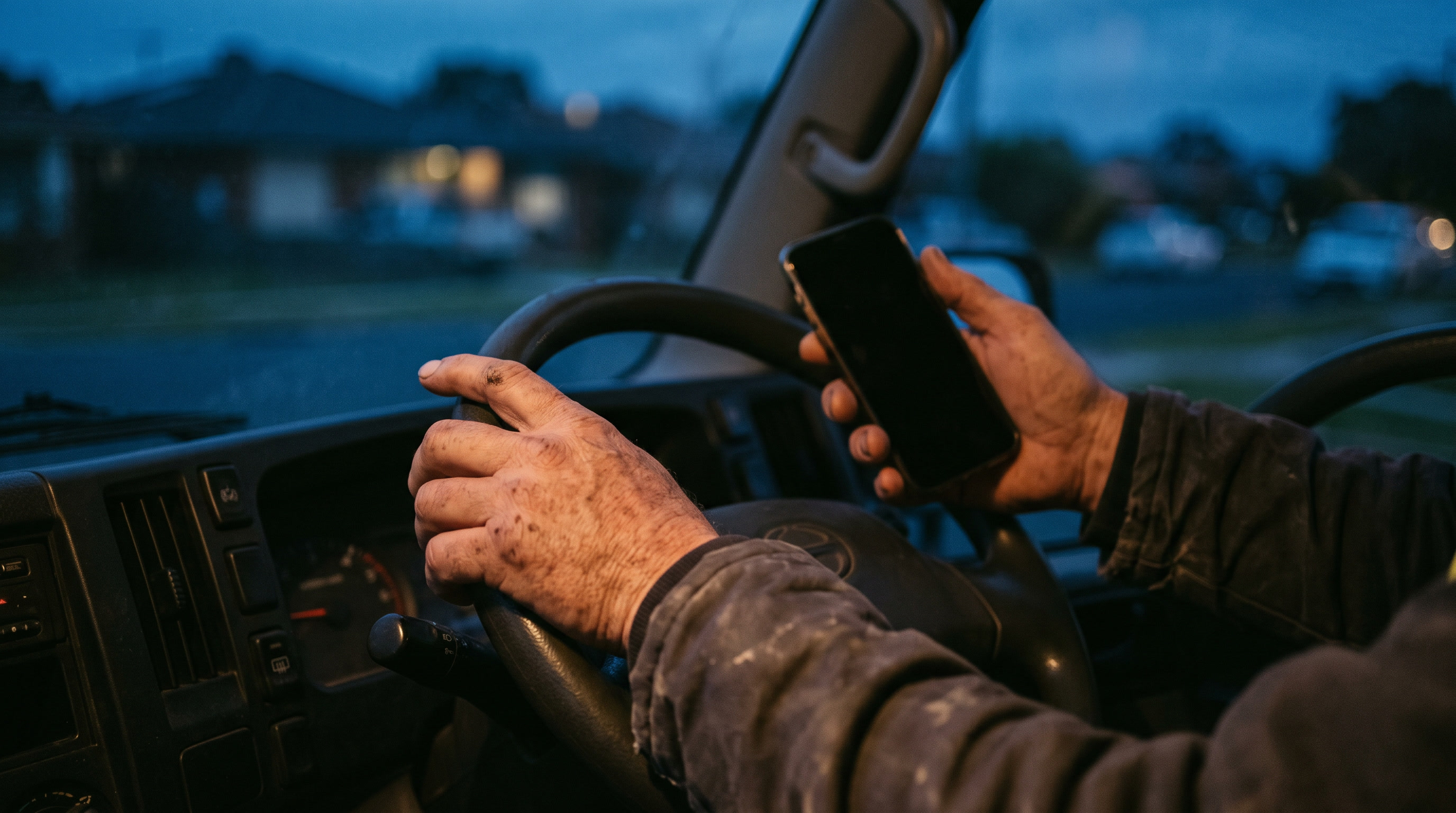 A tradesperson's weathered hands on the steering wheel of a work vehicle at dusk, holding a phone with the screen dark, a suburban street out of focus beyond the windscreen