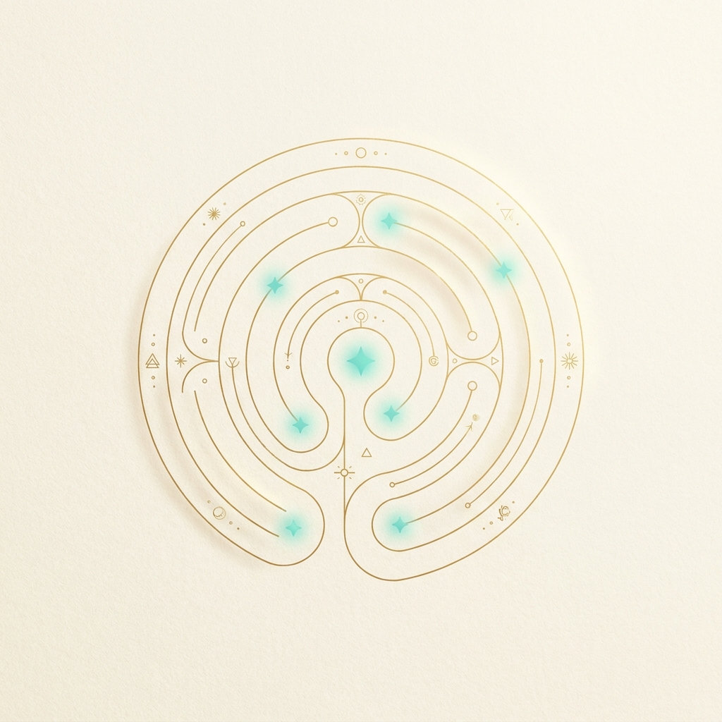 Labirinto espiral dourado com pontos de luz turquesa, representando padrões que se repetem na vida