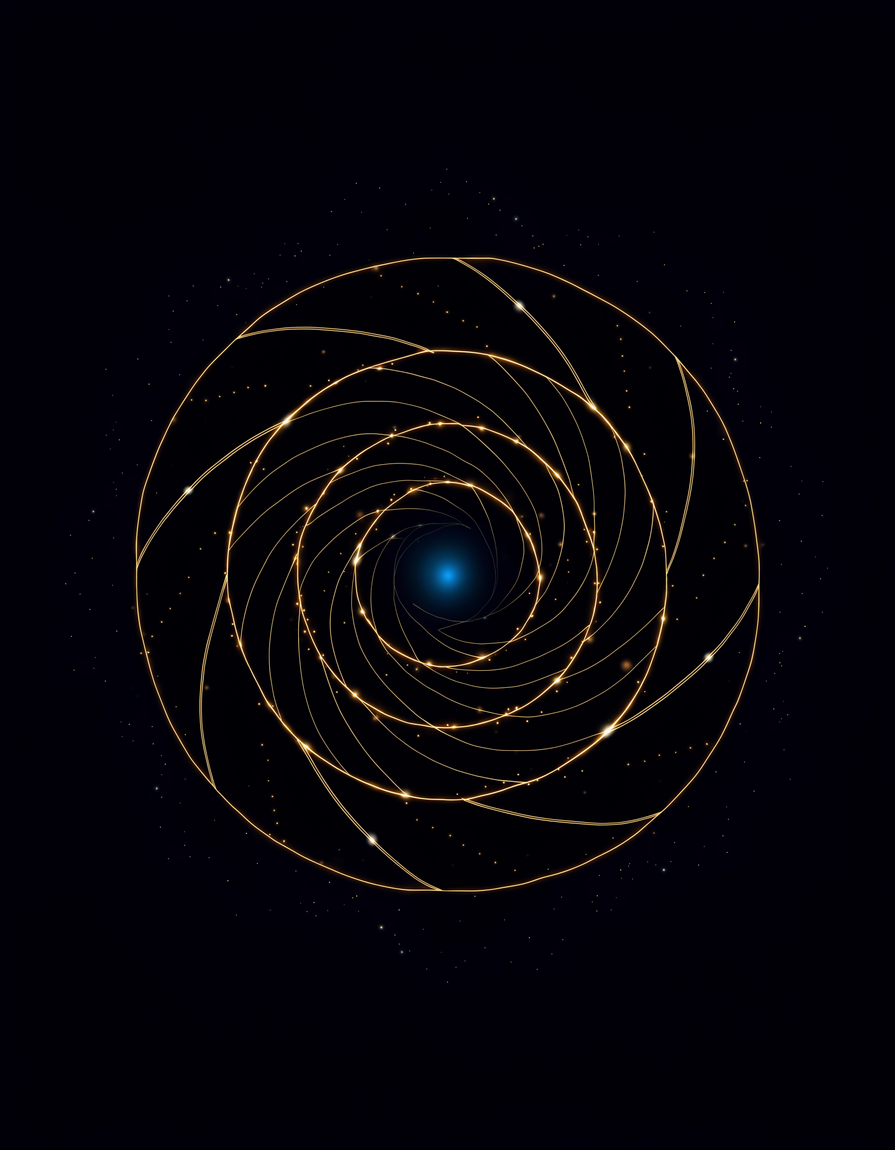 Labirinto espiral traçado em linhas de luz dourada sobre o azul da noite, como uma constelação