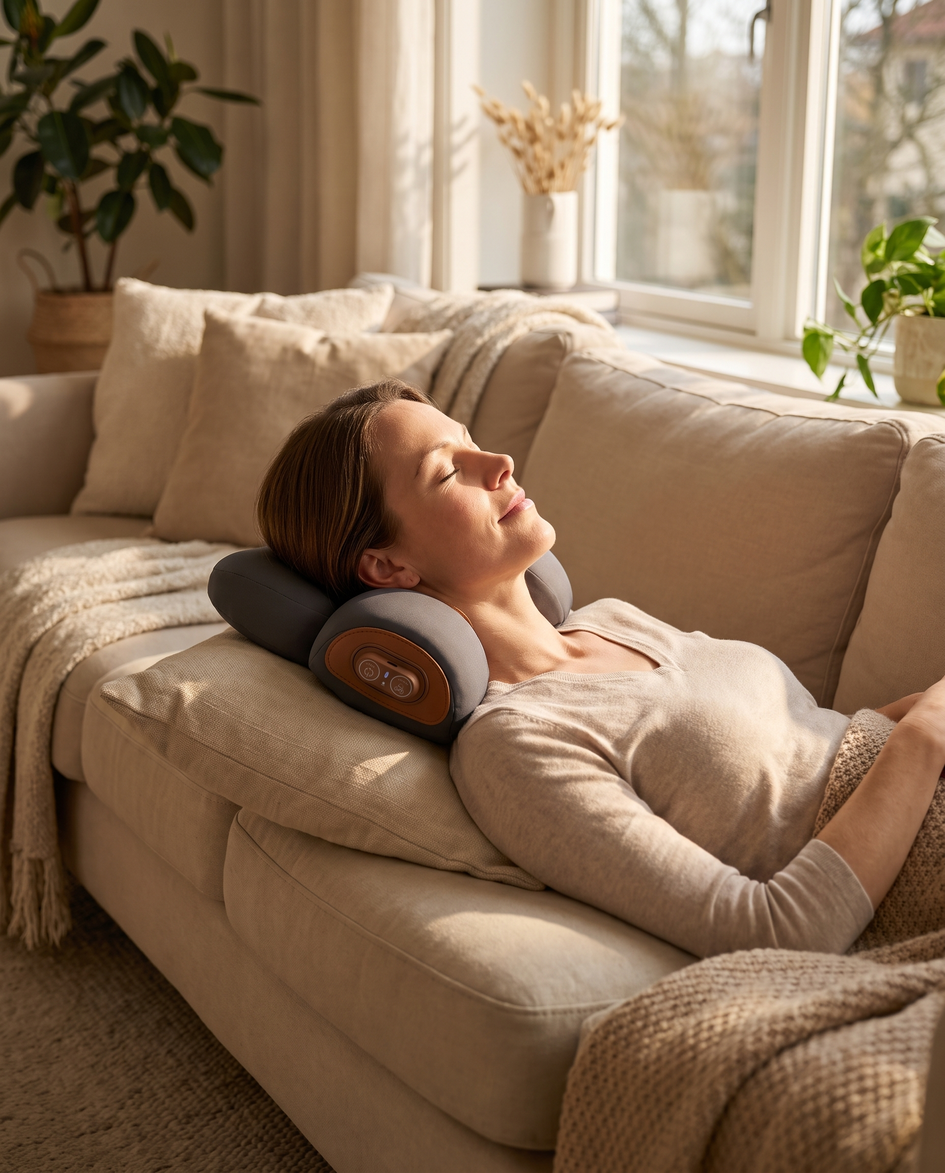 Femme détendue utilisant le SAHARIX Thera Pillow sur son canapé
