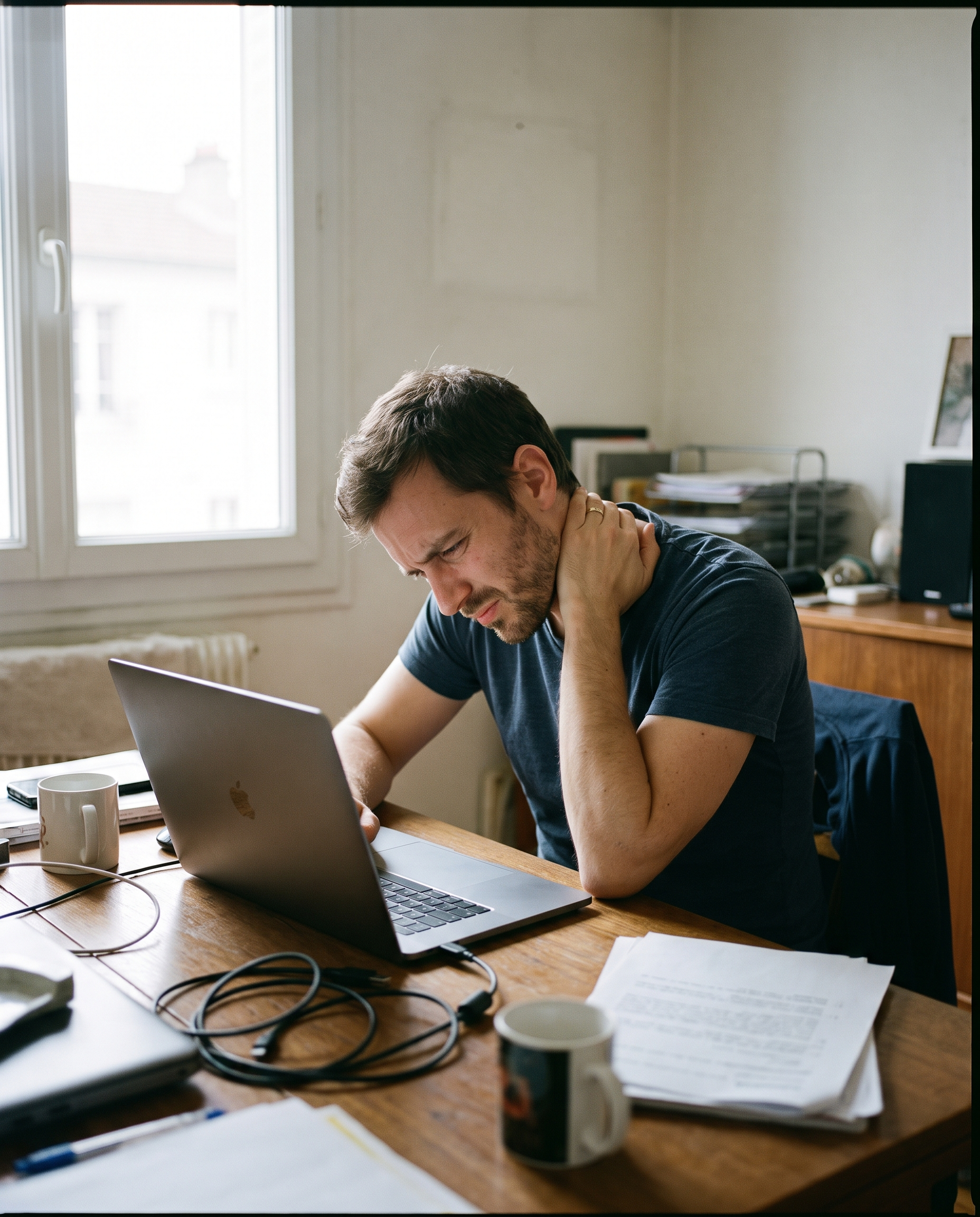 Homme souffrant de douleurs cervicales devant son ordinateur