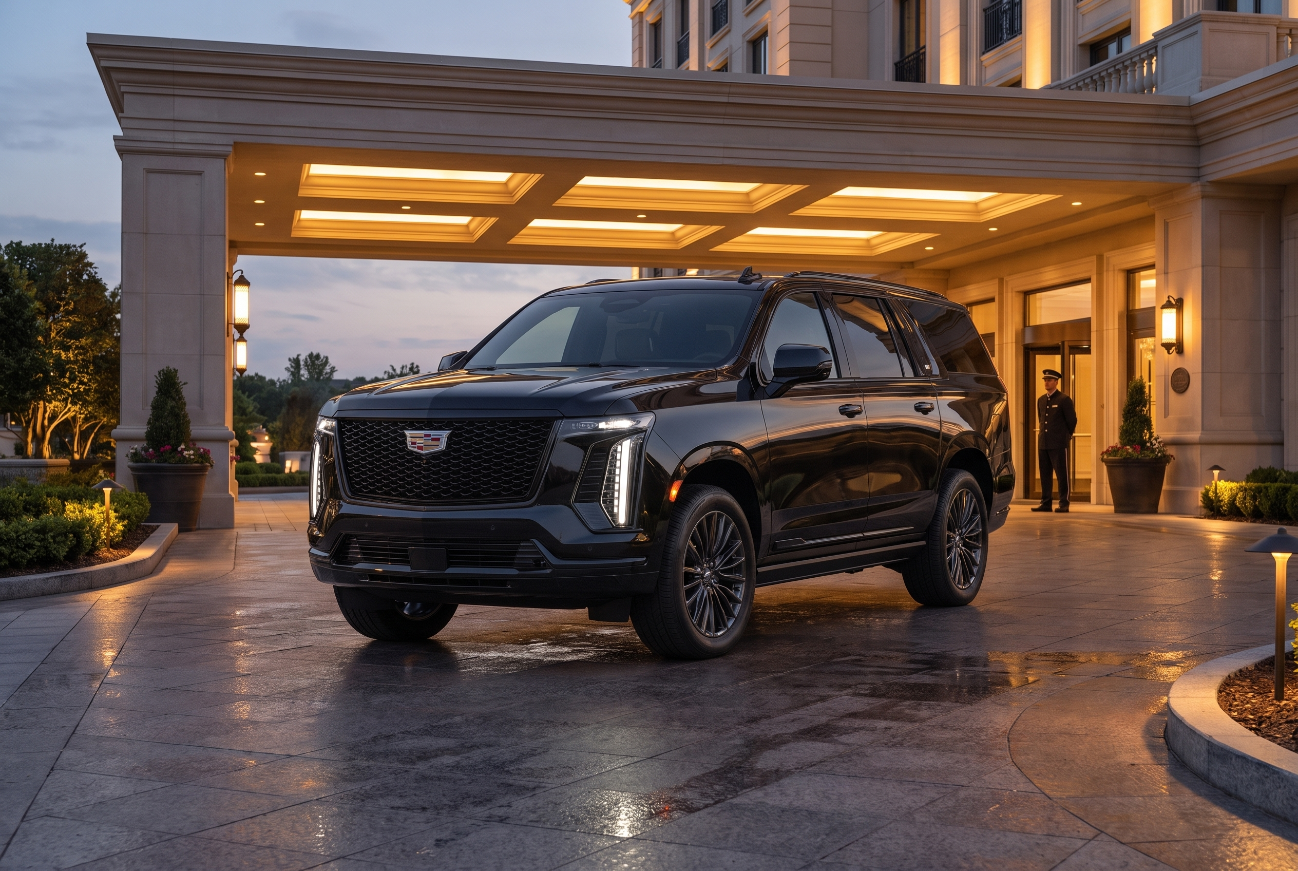 Velora 2026 Cadillac Escalade luxury SUV parked outside a luxury hotel