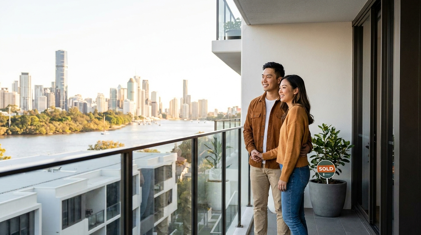 브리즈번 스카이라인을 바라보는 First Home Buyer 커플