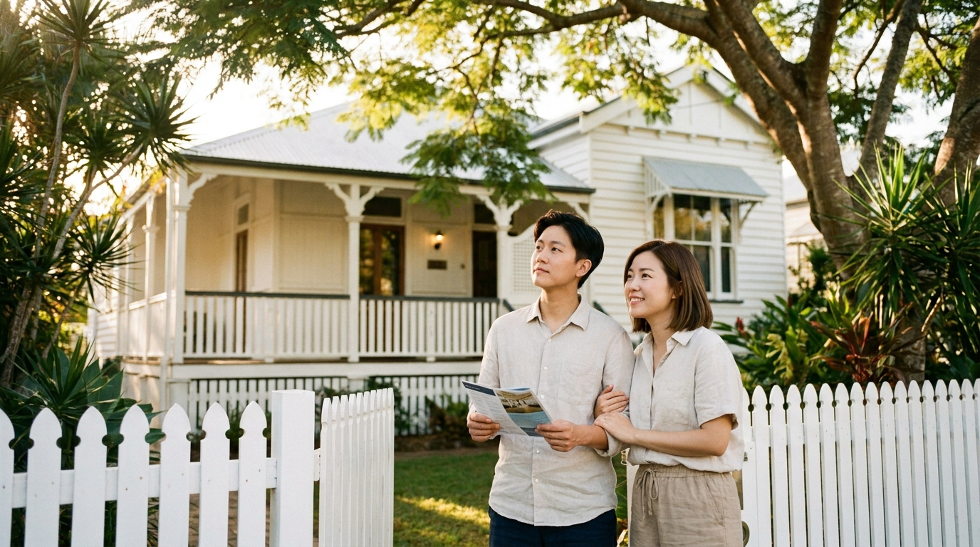 브리즈번 주택 앞의 First Home Buyer 부부