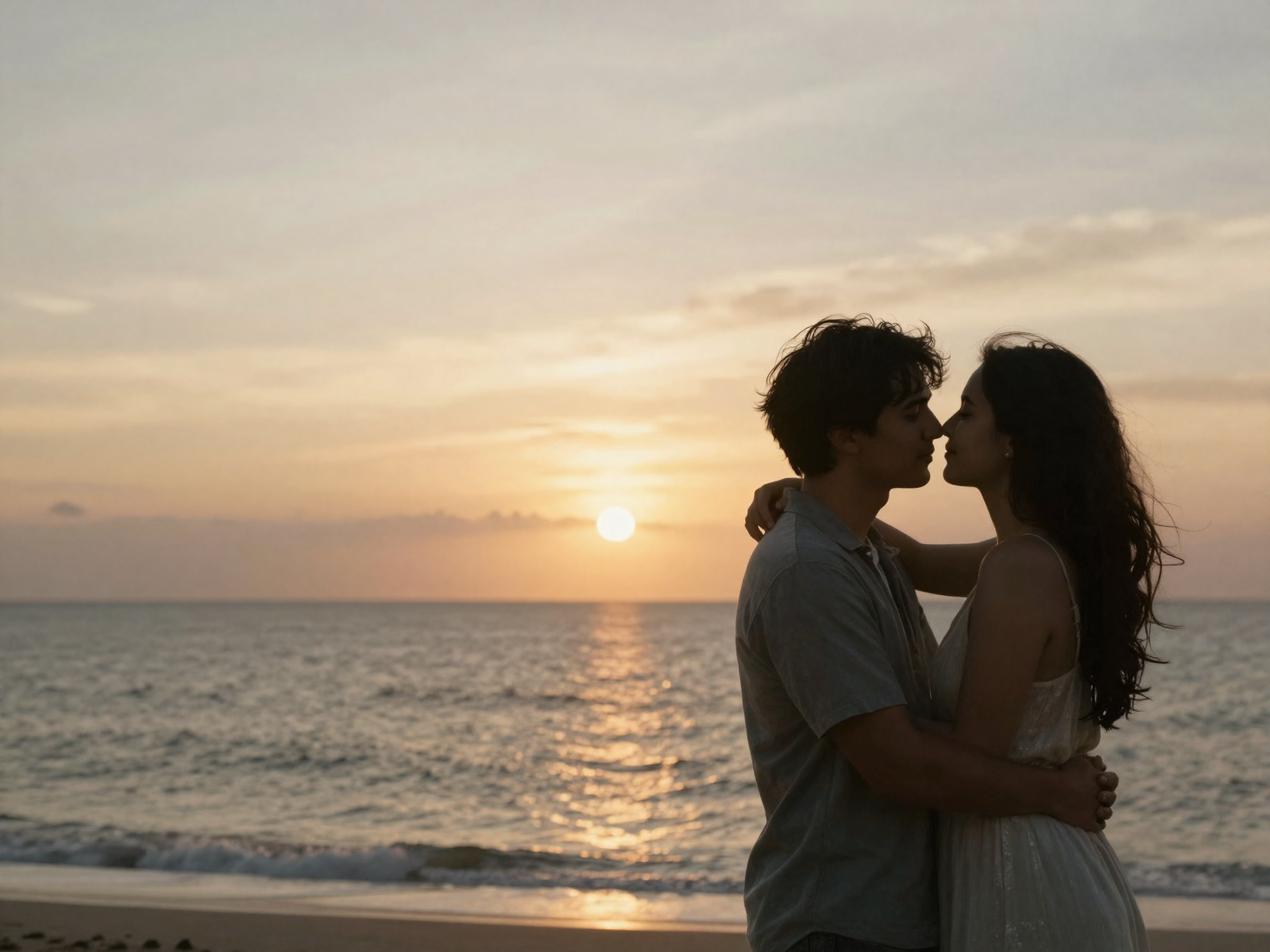 Casal se abraçando na praia ao pôr do sol, viagem de lua de mel