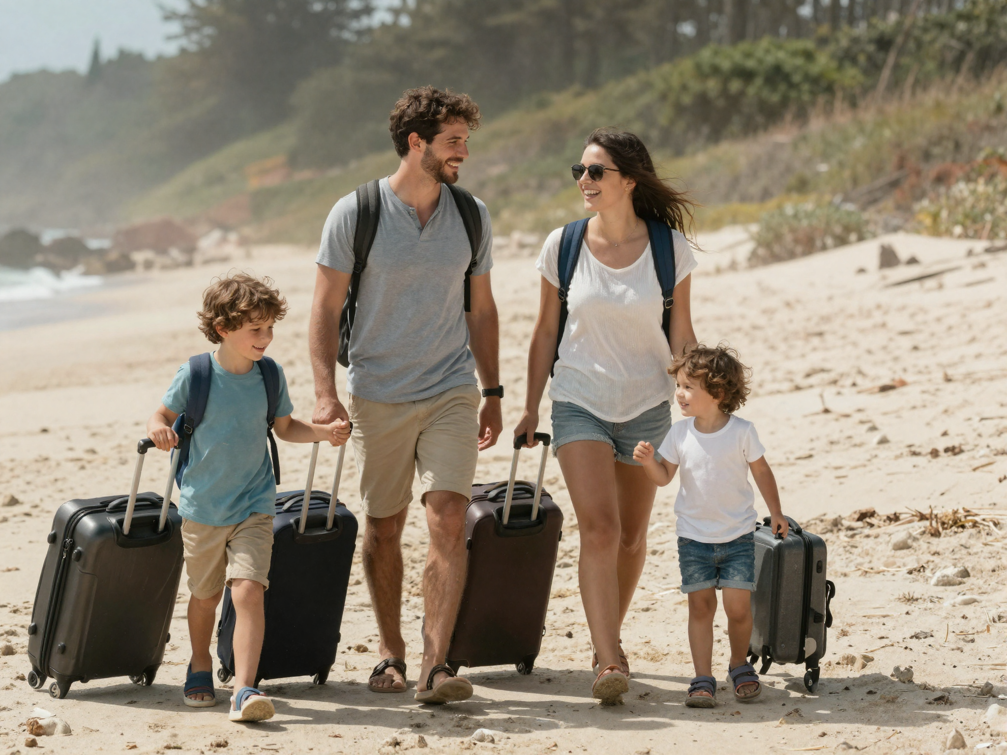 Família com duas crianças caminhando na praia com malas de viagem