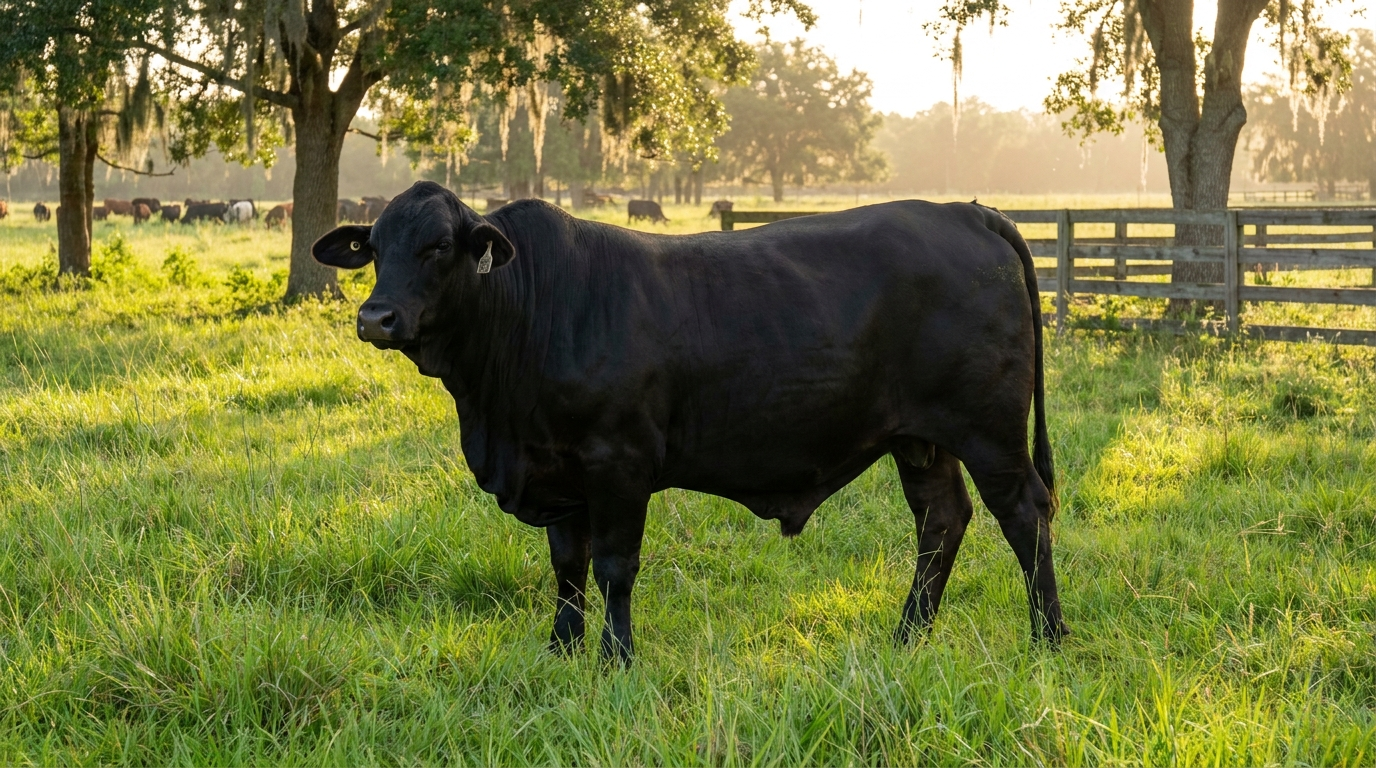 Registered Brangus cow at golden hour on Central Florida pasture — Brangus vs Angus comparison