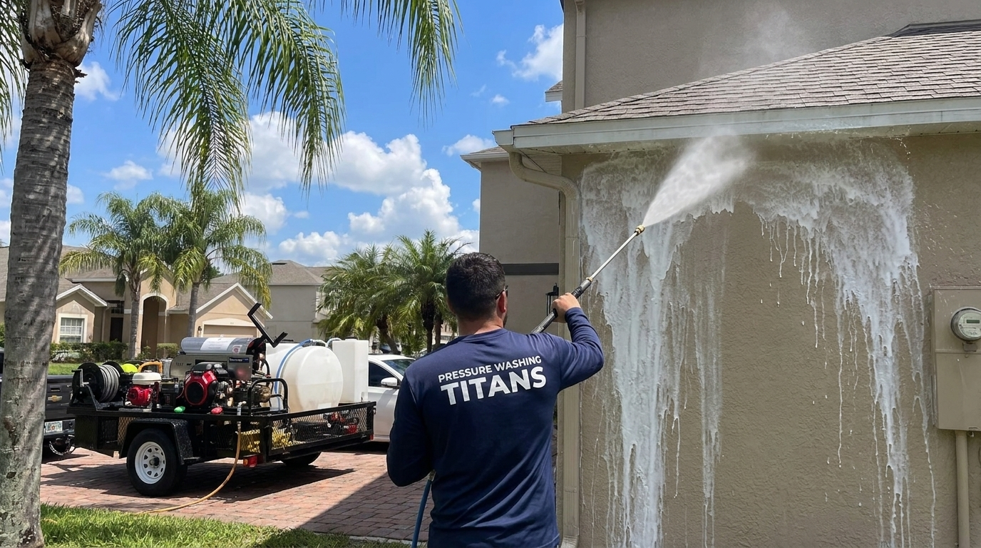 Pressure Washing Titans technician soft washing stucco siding on a two-story Central Florida home with the company rig in the driveway