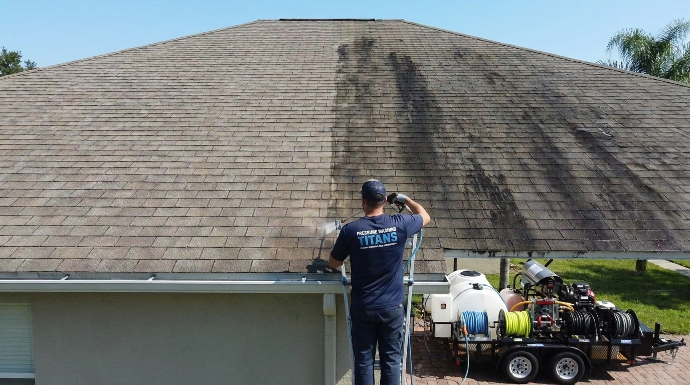 Central Florida shingle roof half streaked with black algae and half clean after a Titans soft wash treatment
