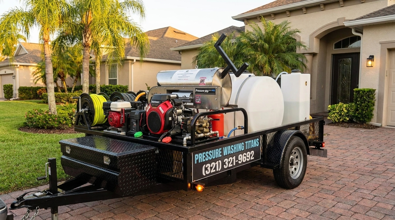 Pressure Washing Titans hot water trailer rig with Pressure-Pro skid, water tank and hose reels parked at a Central Florida home