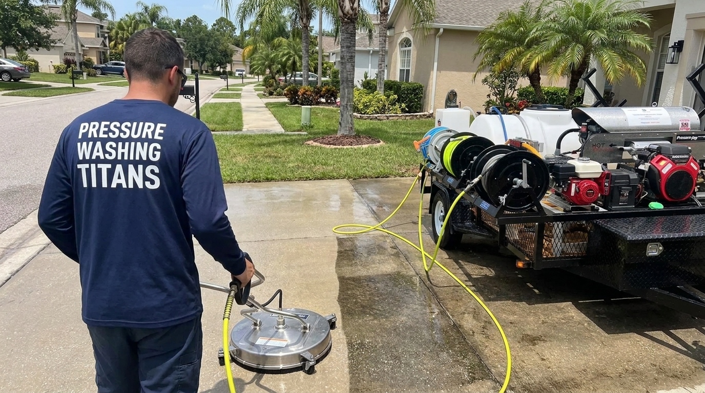 Titans technician guiding a surface cleaner across a concrete driveway showing a sharp clean line, with the trailer rig at the curb