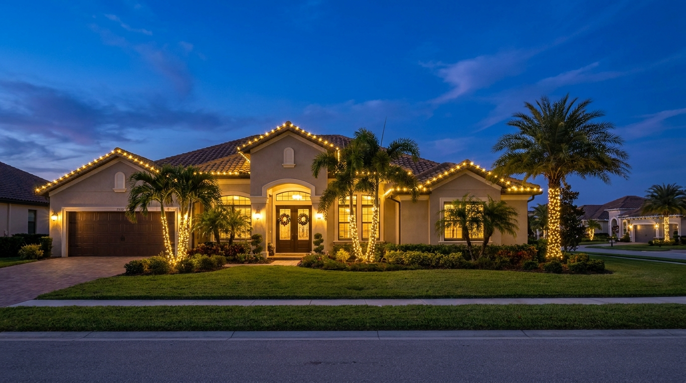 Florida home in Orlando with professional warm white C9 LED Christmas lights installed along the roofline by Pressure Washing Titans