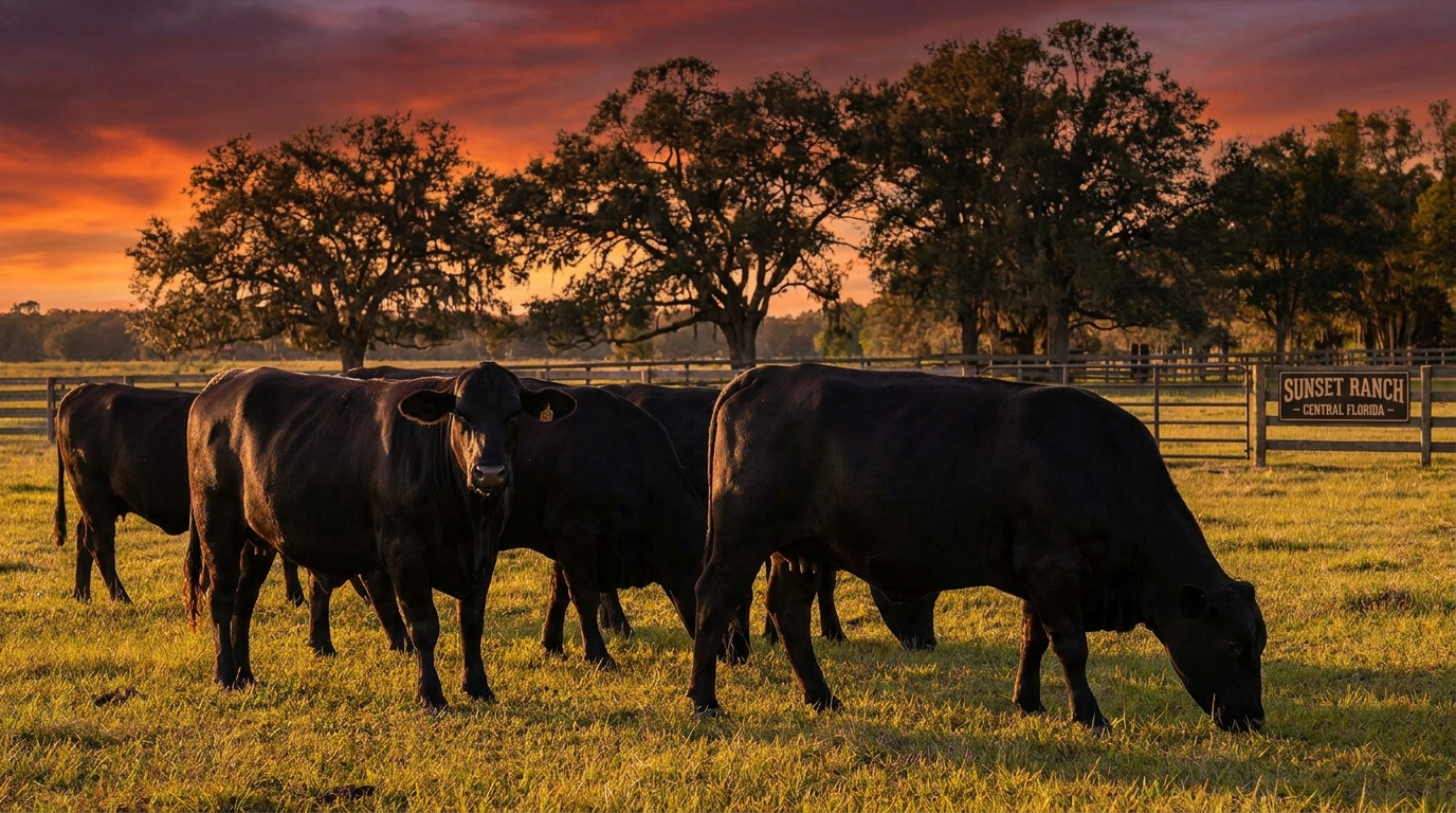 Black Brangus herd grazing at sunset on Central Florida pasture — Brangus vs Brahman comparison