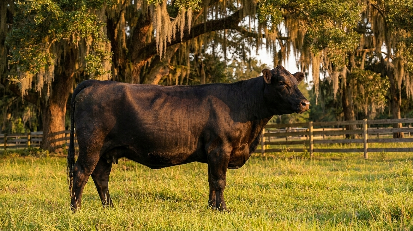 Black Angus cow showing the compact, deep-bodied British breed build — the marbling benchmark, built for cooler country