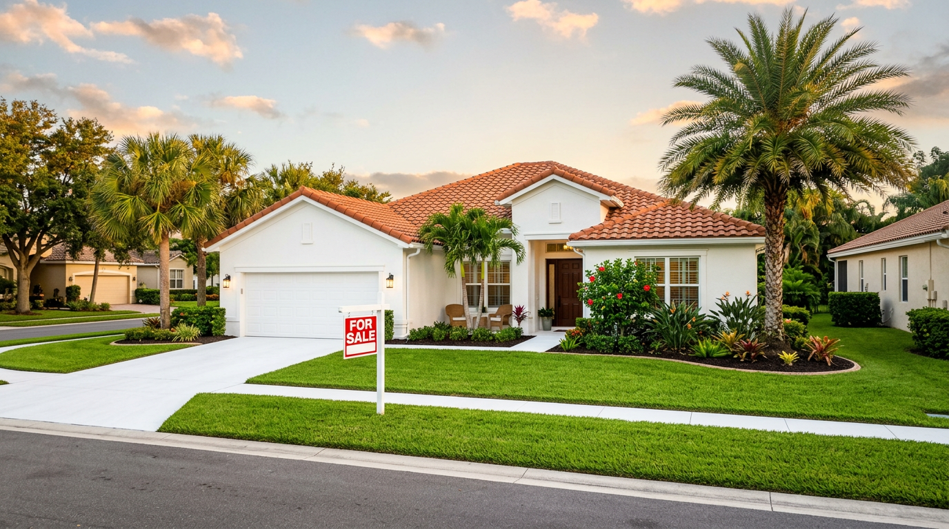 Freshly cleaned Florida home at golden hour with a for sale sign on the lawn, spotless driveway and roof ready for listing photos
