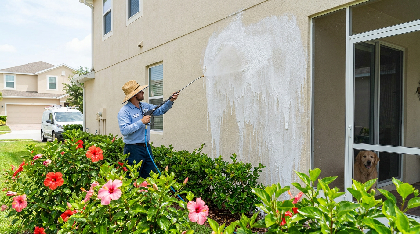 Technician soft washing the stucco siding of a Florida home with healthy protected landscaping in front and a dog watching safely from inside