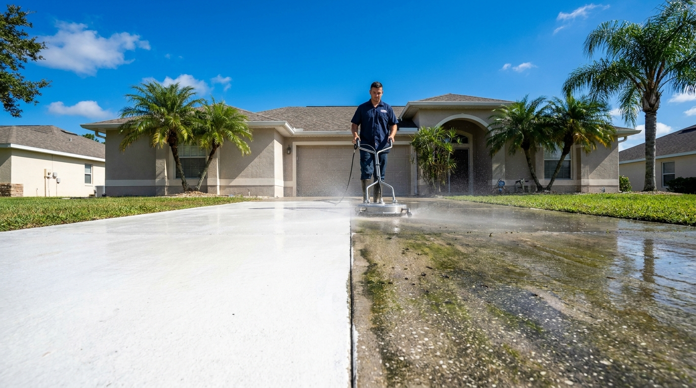 Technician pressure washing a Central Florida driveway on a sunny day, one half bright and clean and the other half still stained with dirt and algae