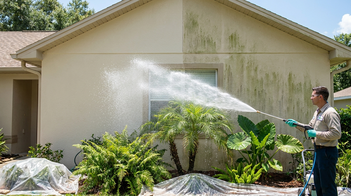 Casa de estuco en Orlando durante el lavado suave (soft washing) con la vegetación protegida