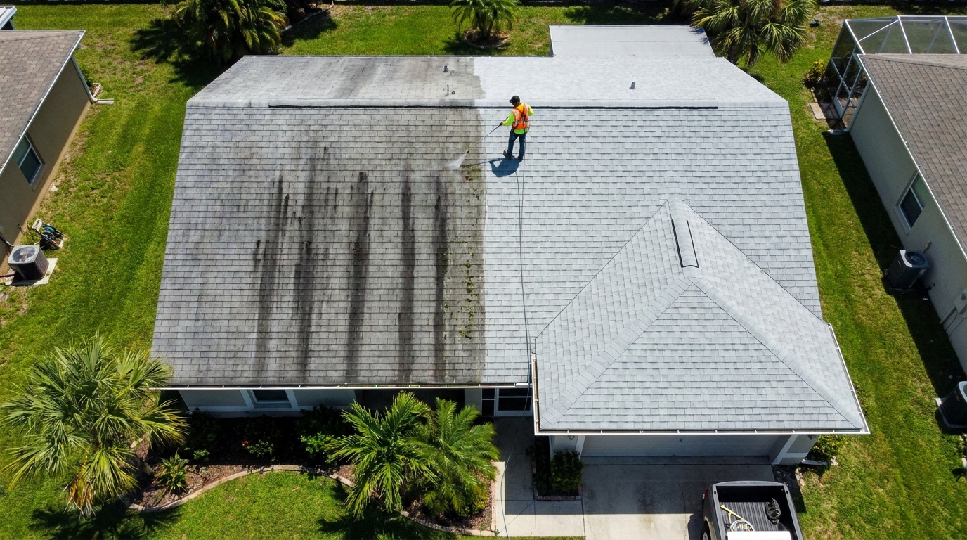 Techo de shingle en Orlando con la mitad limpia después del lavado suave y la mitad con rayas negras