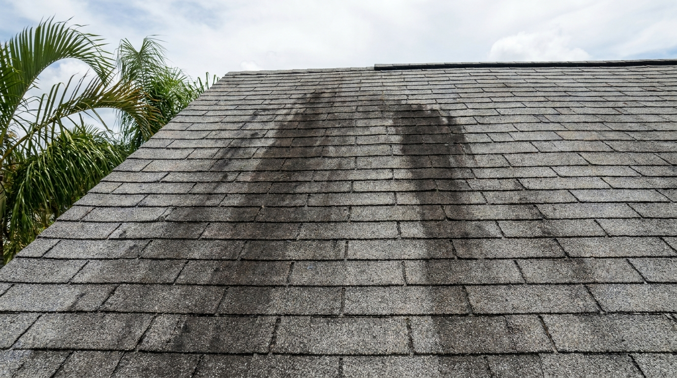 Techo de shingle con rayas negras de alga Gloeocapsa magma en una casa de Orlando, Florida