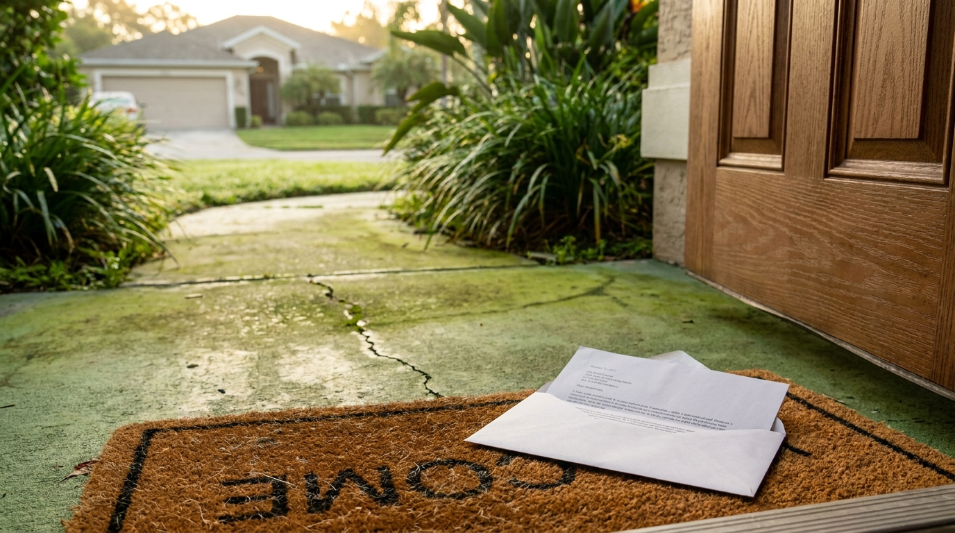 Entrada de concreto con moho verde, motivo típico de una carta de violación de la HOA en Florida